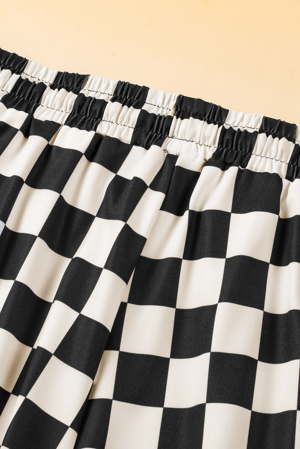 Black Checkered Casual Shorts Drawstring Elastic Waist Women S-2XL