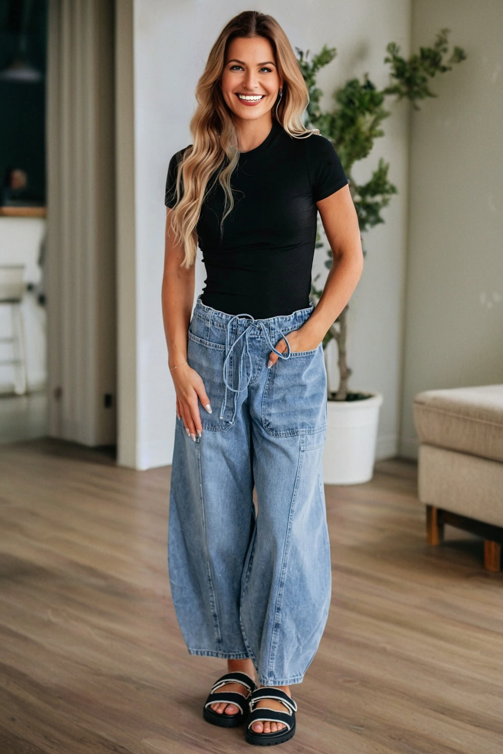 Shop Myosotis Large Patch Pocket Drawstring Paperbag Waist Barrel Jeans at LivelyLooks