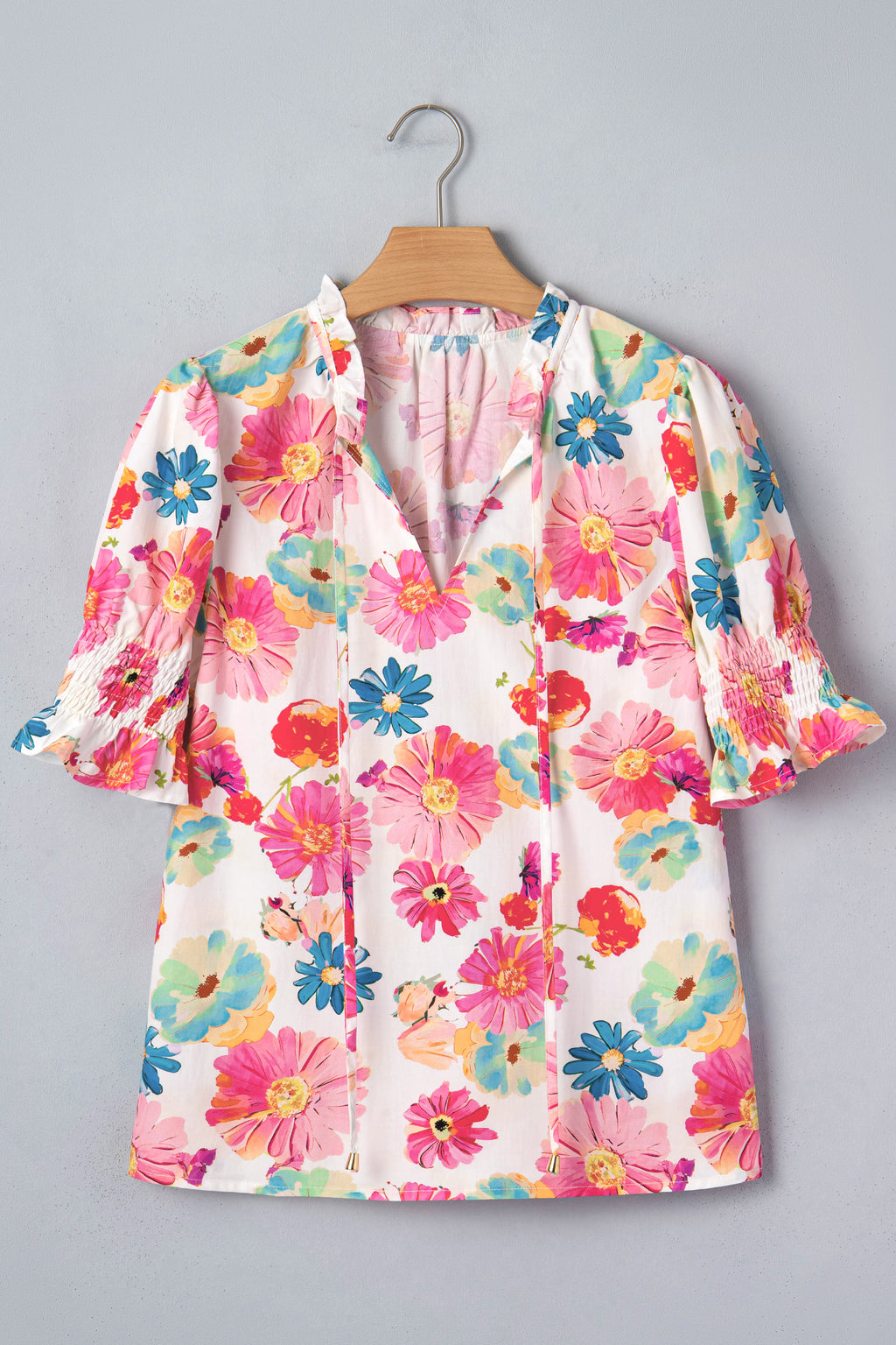 Beige Floral Blouse Tie V Neck Short Puff Sleeve Summer Women S-XL