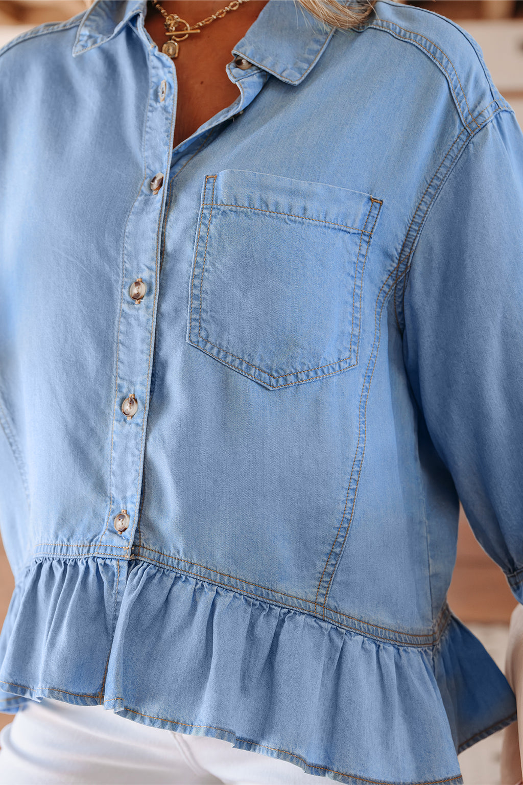 Women's Beau Blue Half Sleeve Button Down Ruffled High Low Chambray Shirt at LivelyLooks