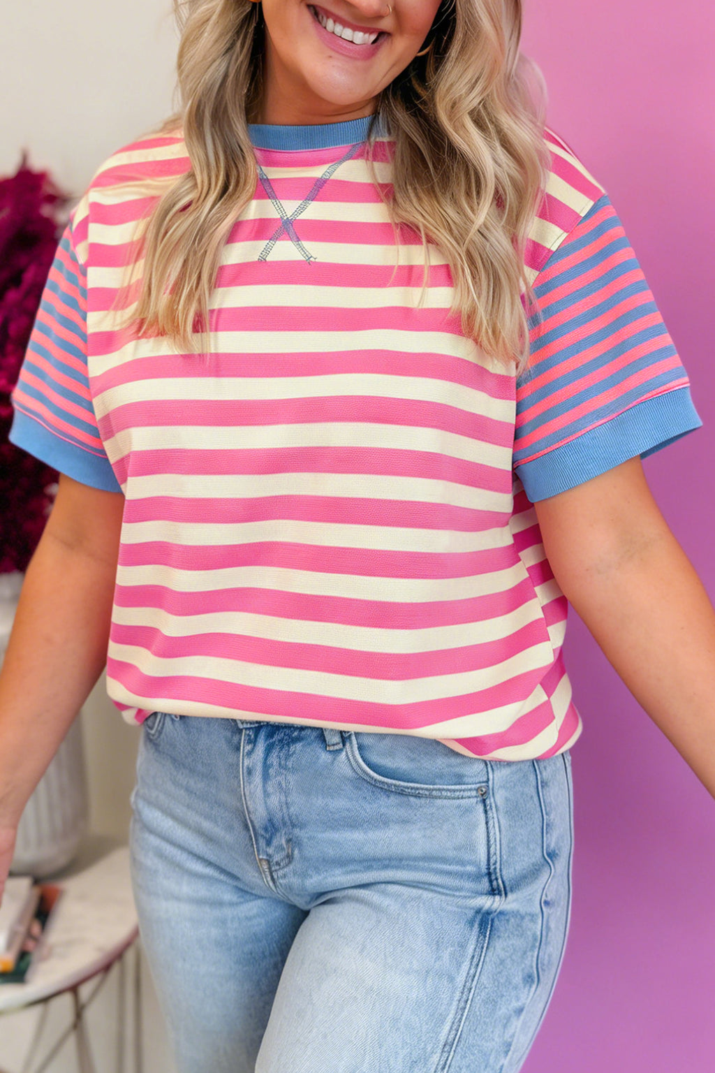Pink Stripe Contrast Colourblock Short Sleeve Loose Tee