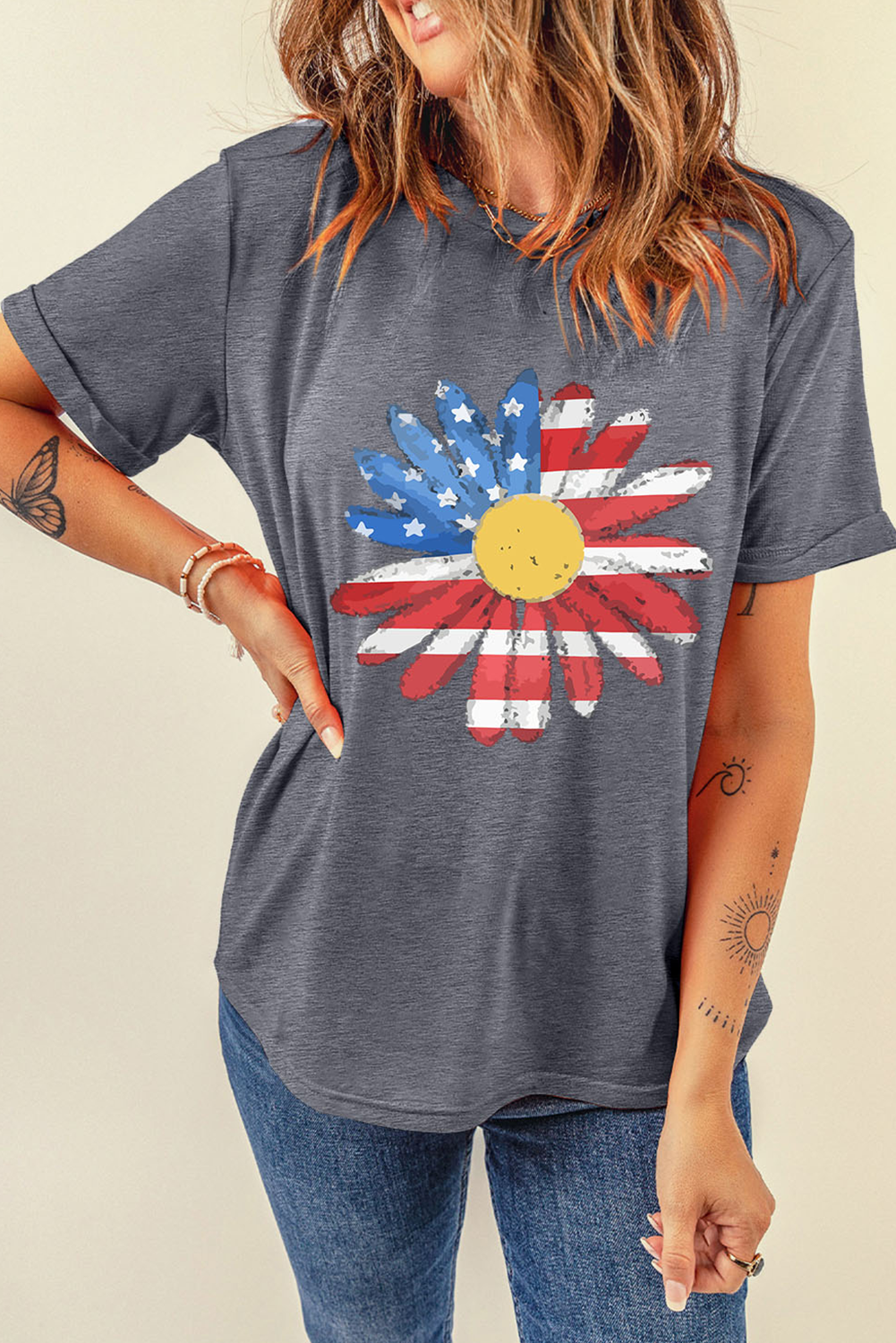 Shop Gray Flag Pattern Sunflower Graphic Crew Neck Tee S-3XL at LivelyLooks