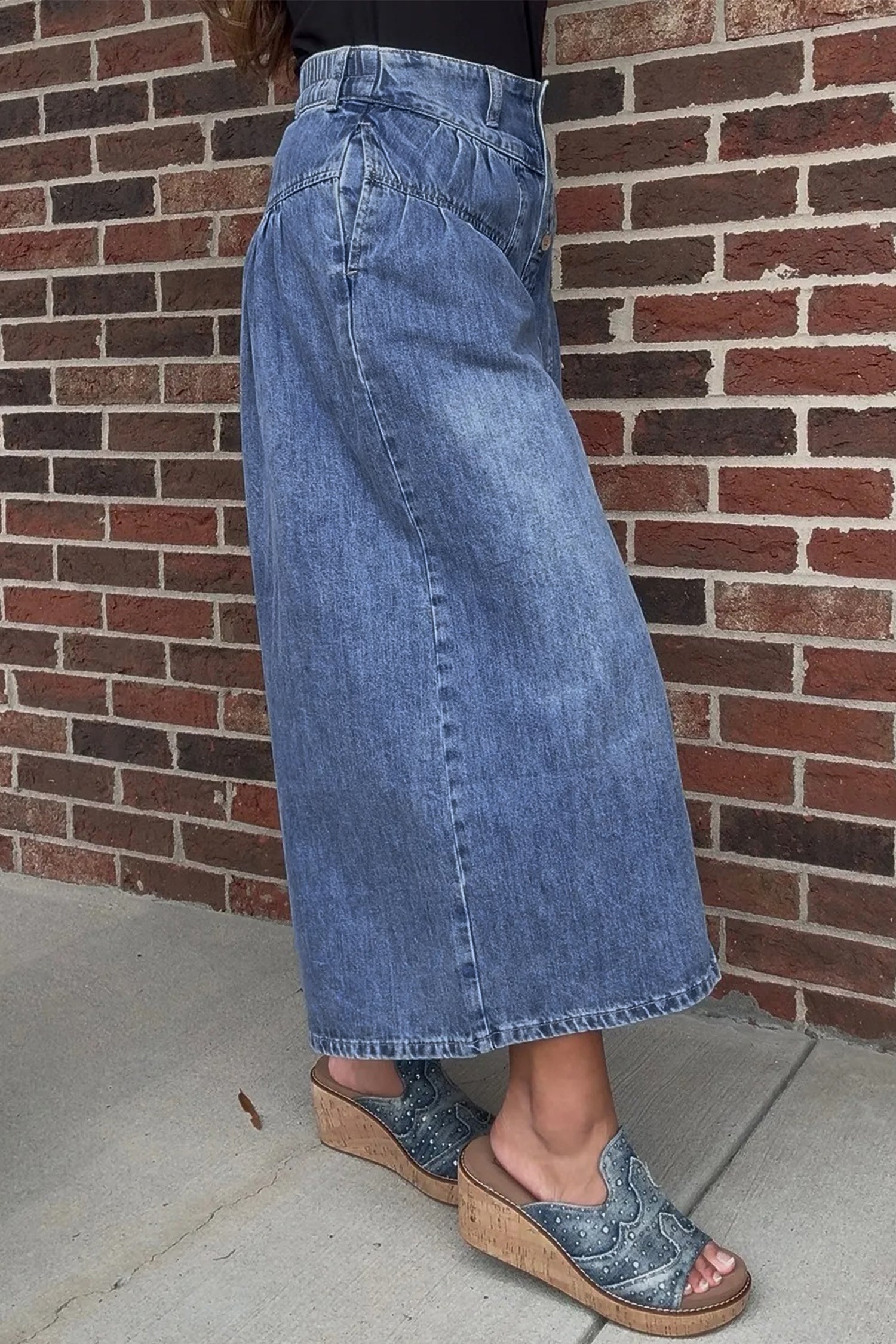 Dusk Blue High Rise Buttons Pleated Cropped Wide Leg Denim Pants | UK 8–18