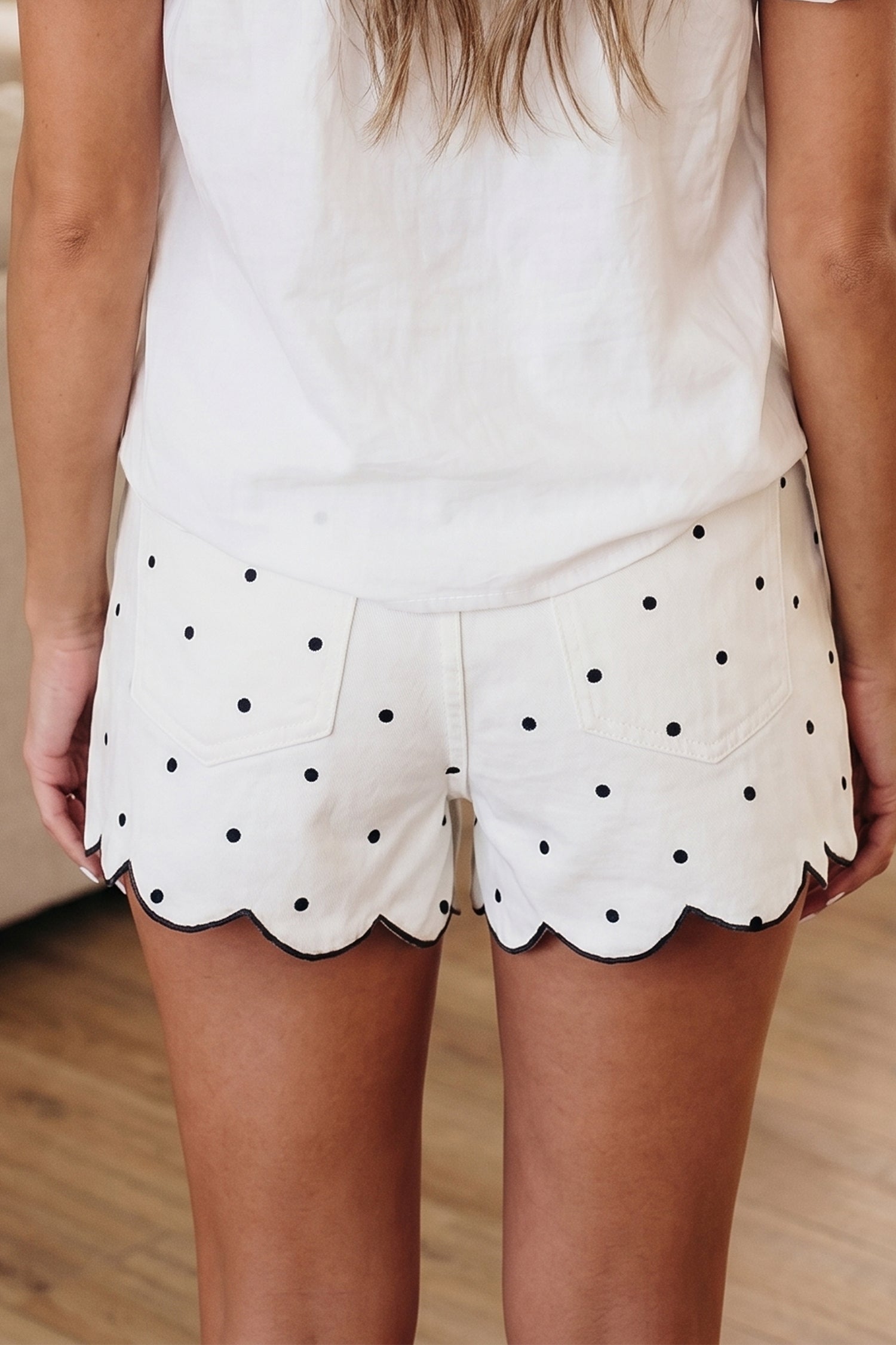 Women's White Polka Dot Embroidered Scallop Hem Shorts | UK 8-20 at LivelyLooks