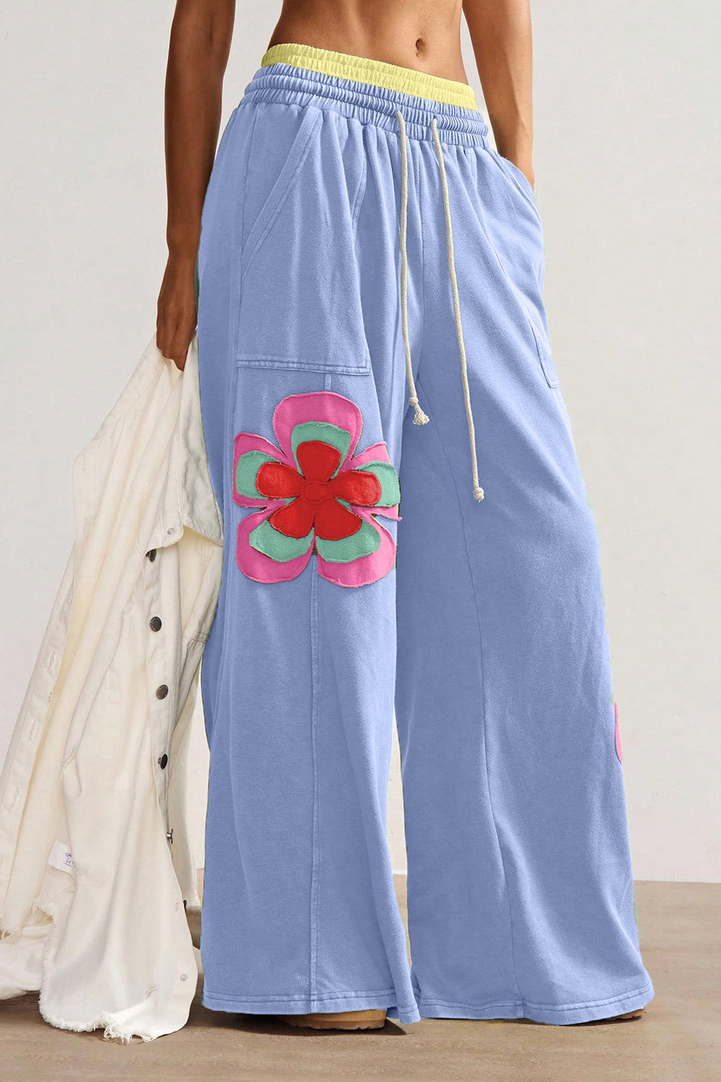 Floral Patchwork Drawstring Wide Leg Trousers – Sky Blue