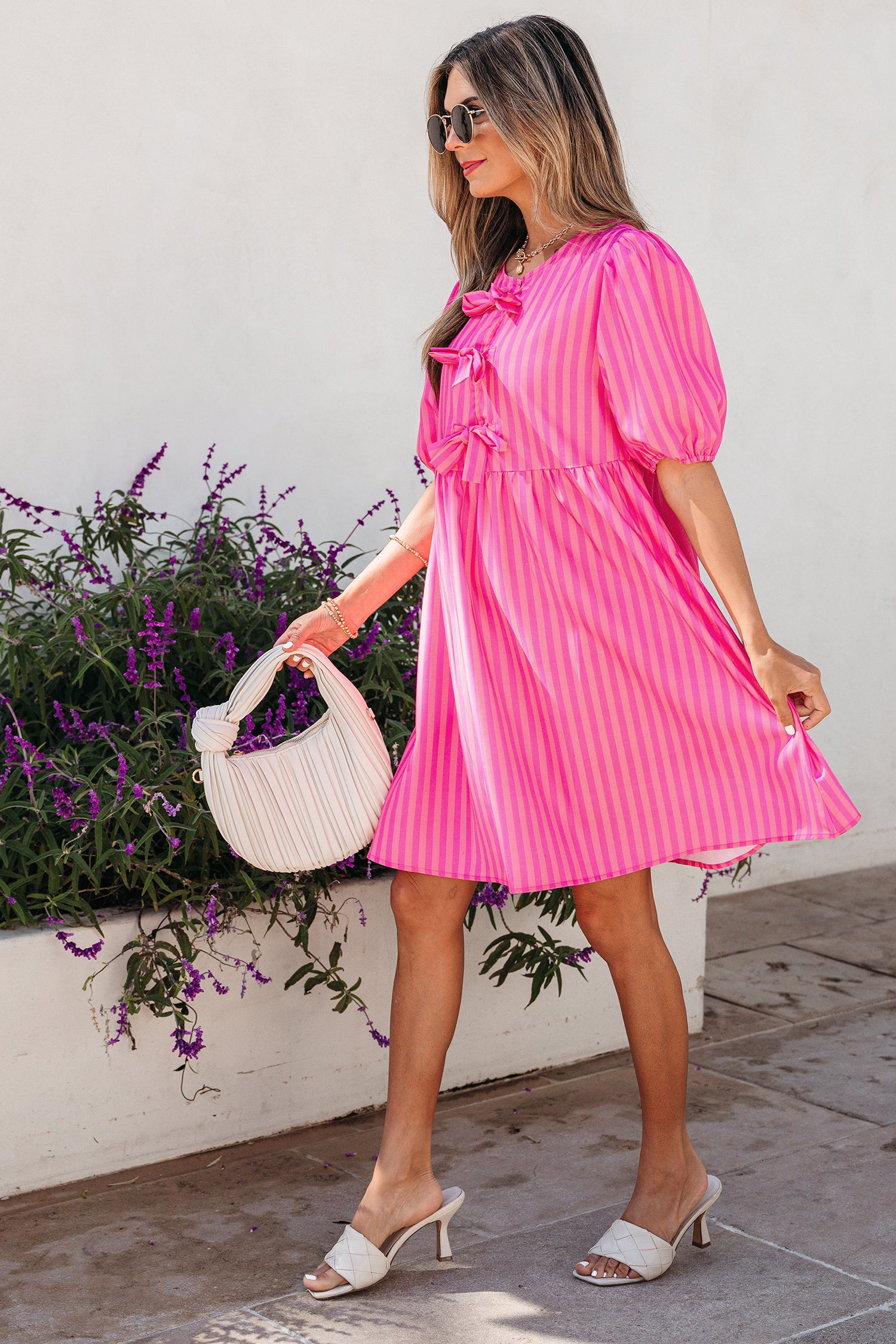 Women's Pink Striped Print Bow Detail Puff Sleeve Mini Dress S-XL at LivelyLooks