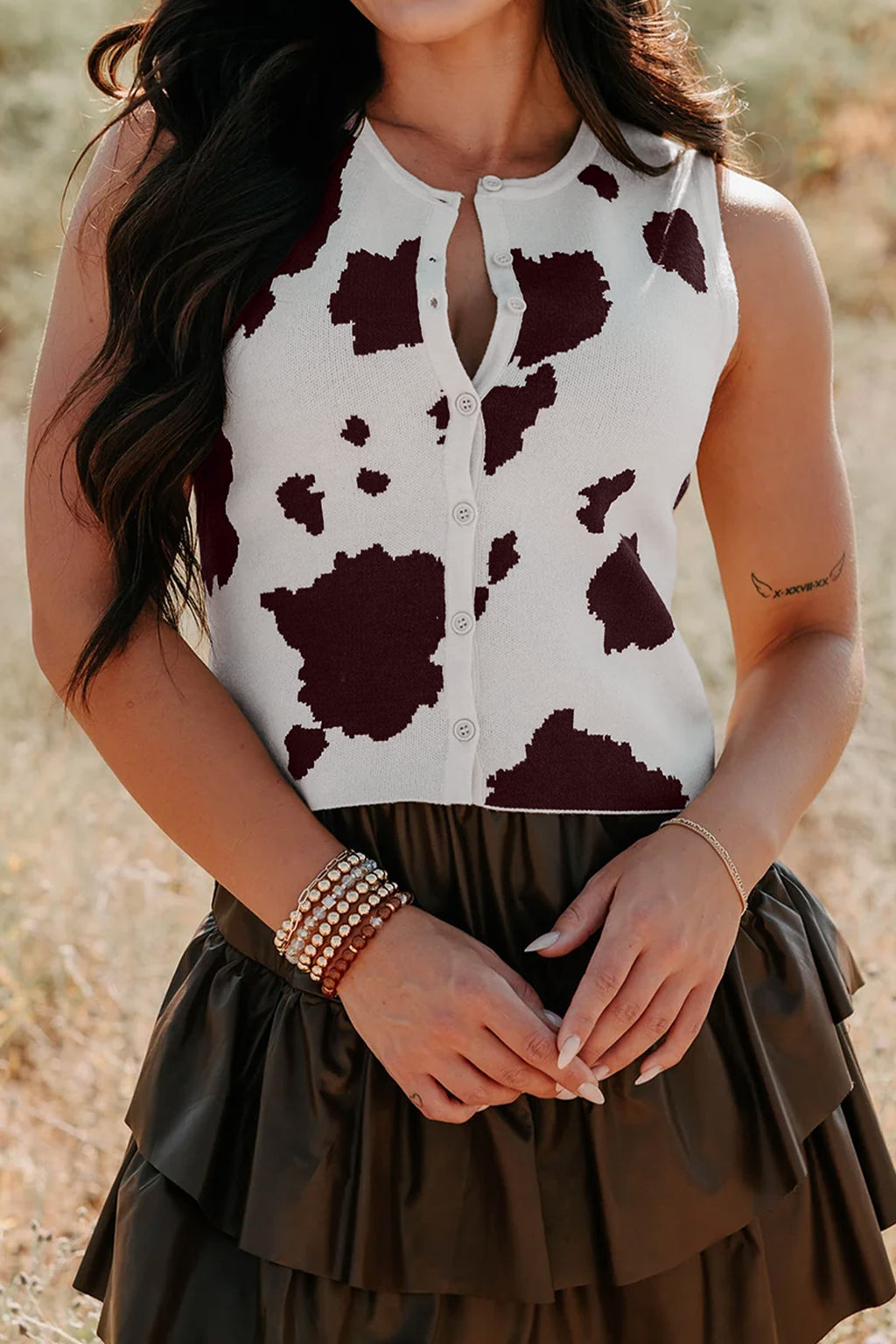 Women's White Western Cow Print Button Down Sweater Vest at LivelyLooks