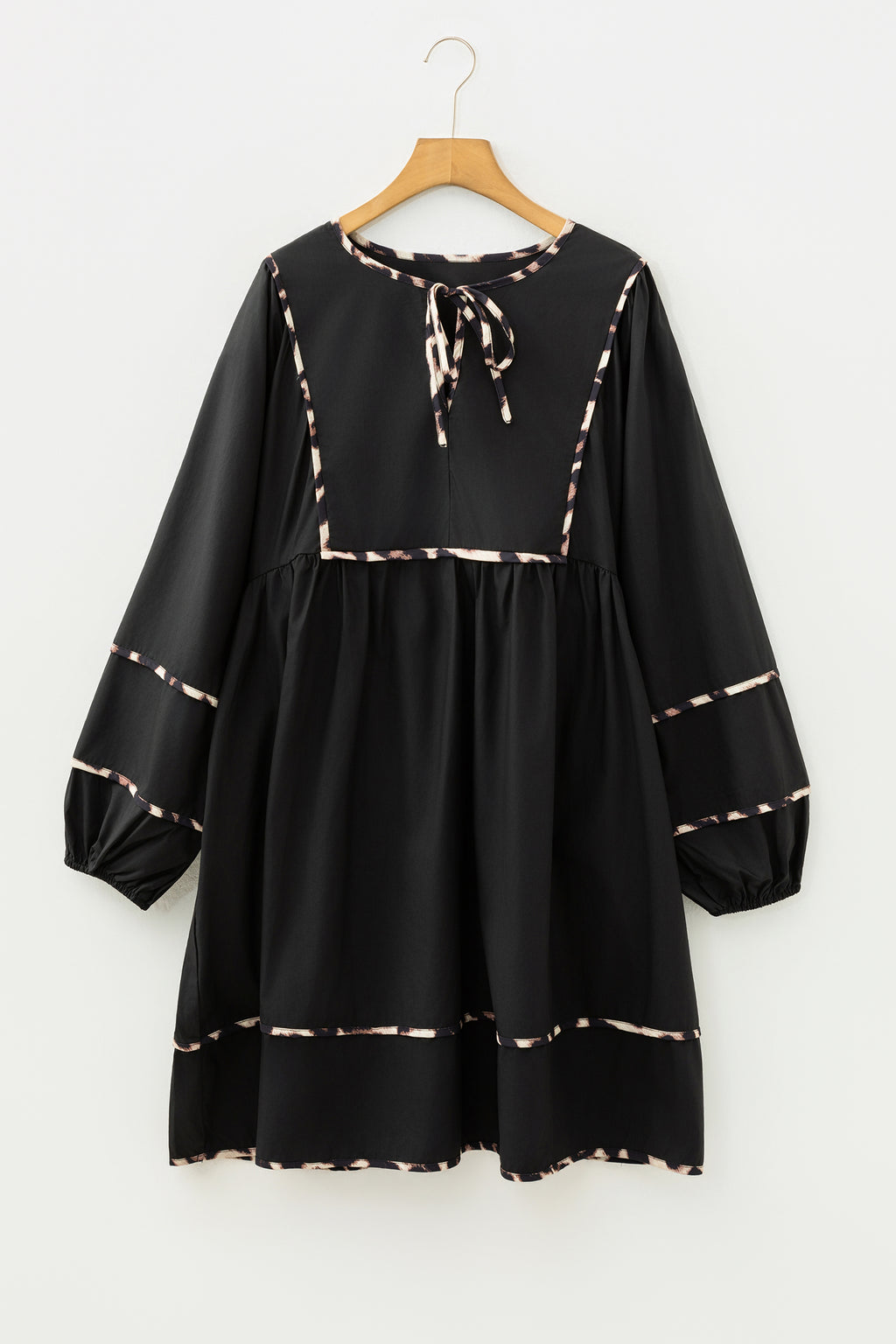 Black Plus Size Leopard Tie Neck Long Sleeve Flared Mini Dress UK 18–32