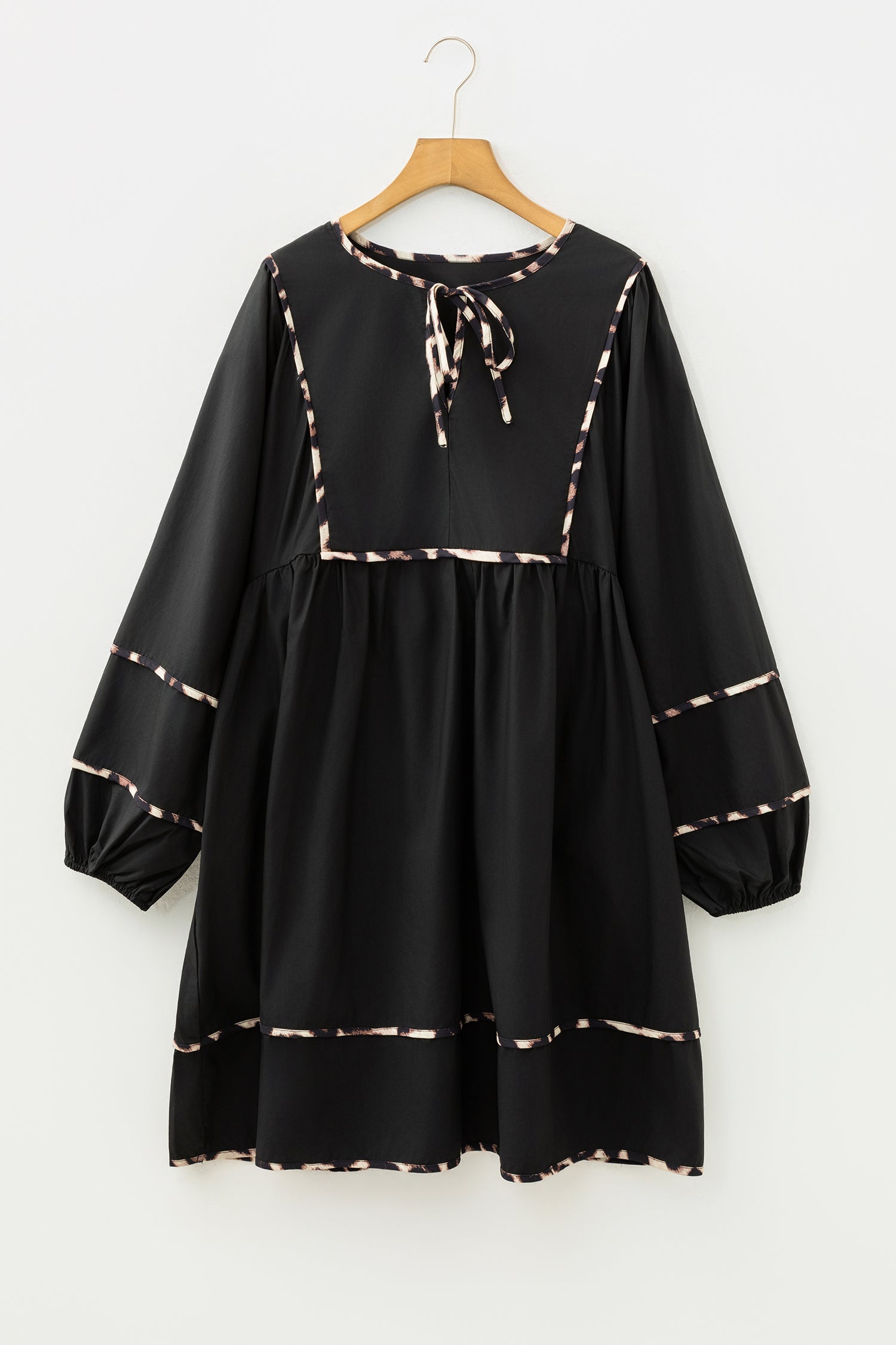 Black Plus Size Leopard Tie Neck Long Sleeve Flared Mini Dress UK 18–32