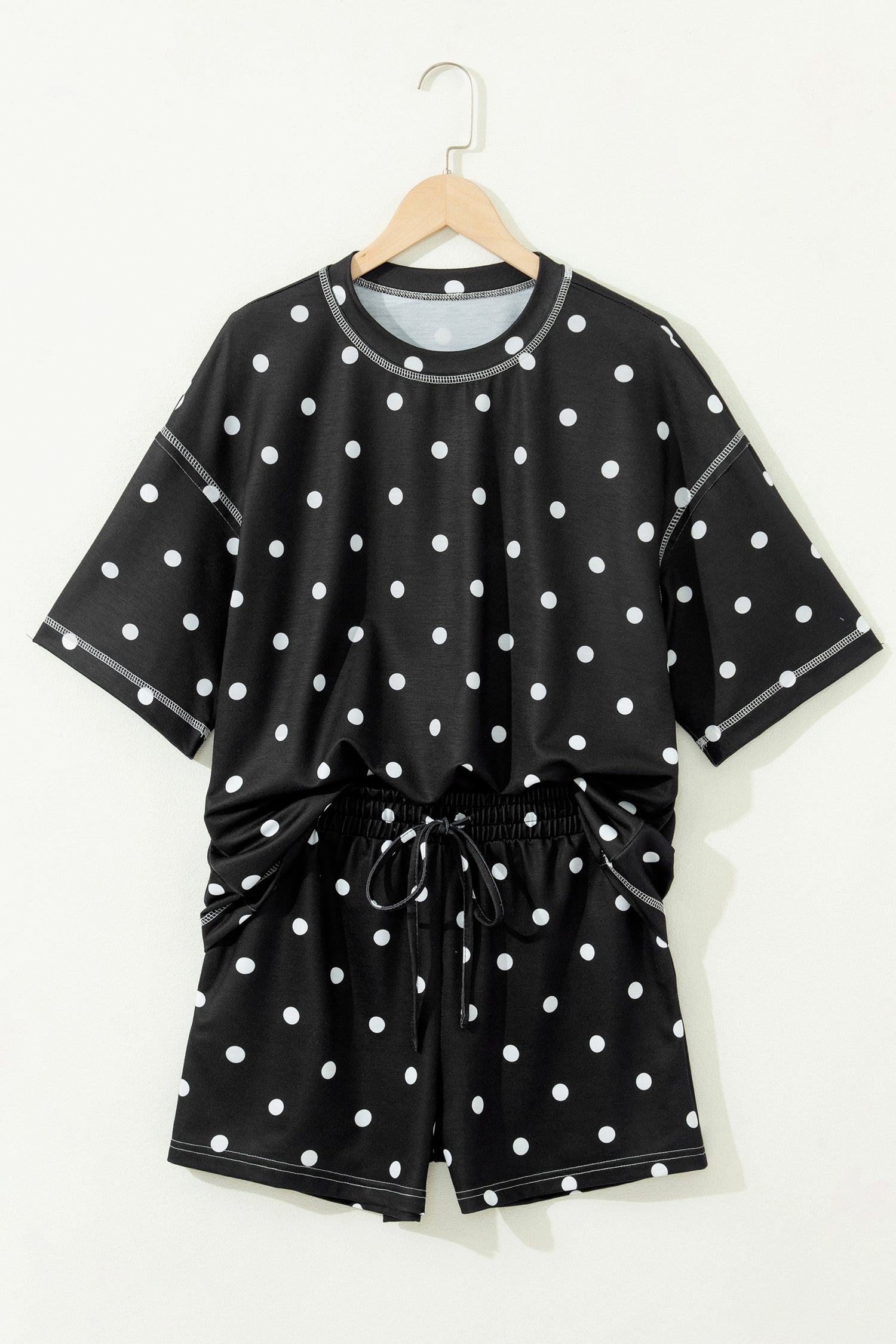 LivelyLooks White Polka Dot Exposed Seam Loose Tee & Drawstring Shorts Set S-XL women's fashion