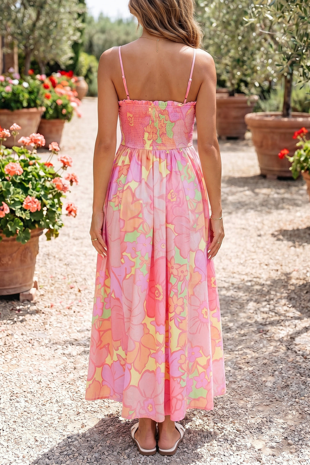 Pink Spaghetti Strap Floral Shirred High Waist Midi Dress S-XL