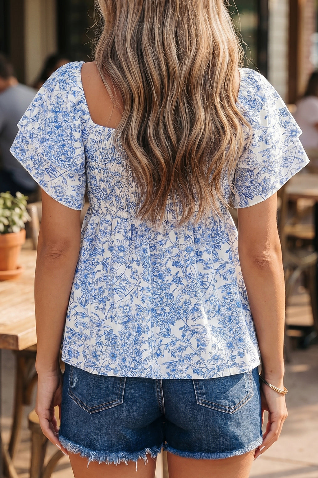 Sky Blue Floral Babydoll Blouse Square Neck Ruffled Sleeve Shirred Women S-XL