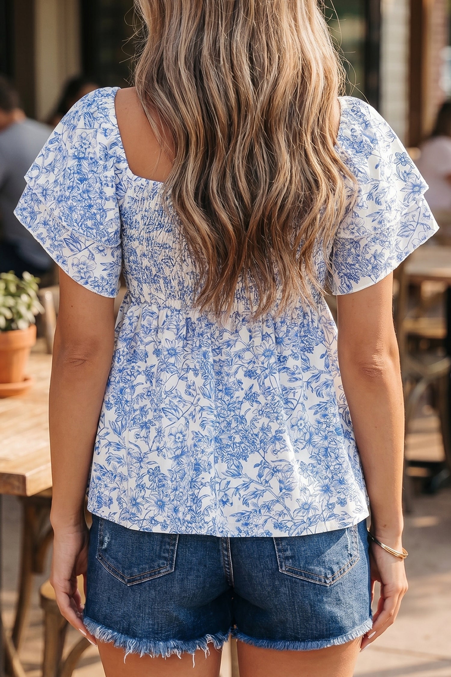 Sky Blue Floral Babydoll Blouse Square Neck Ruffled Sleeve Shirred Women S-XL
