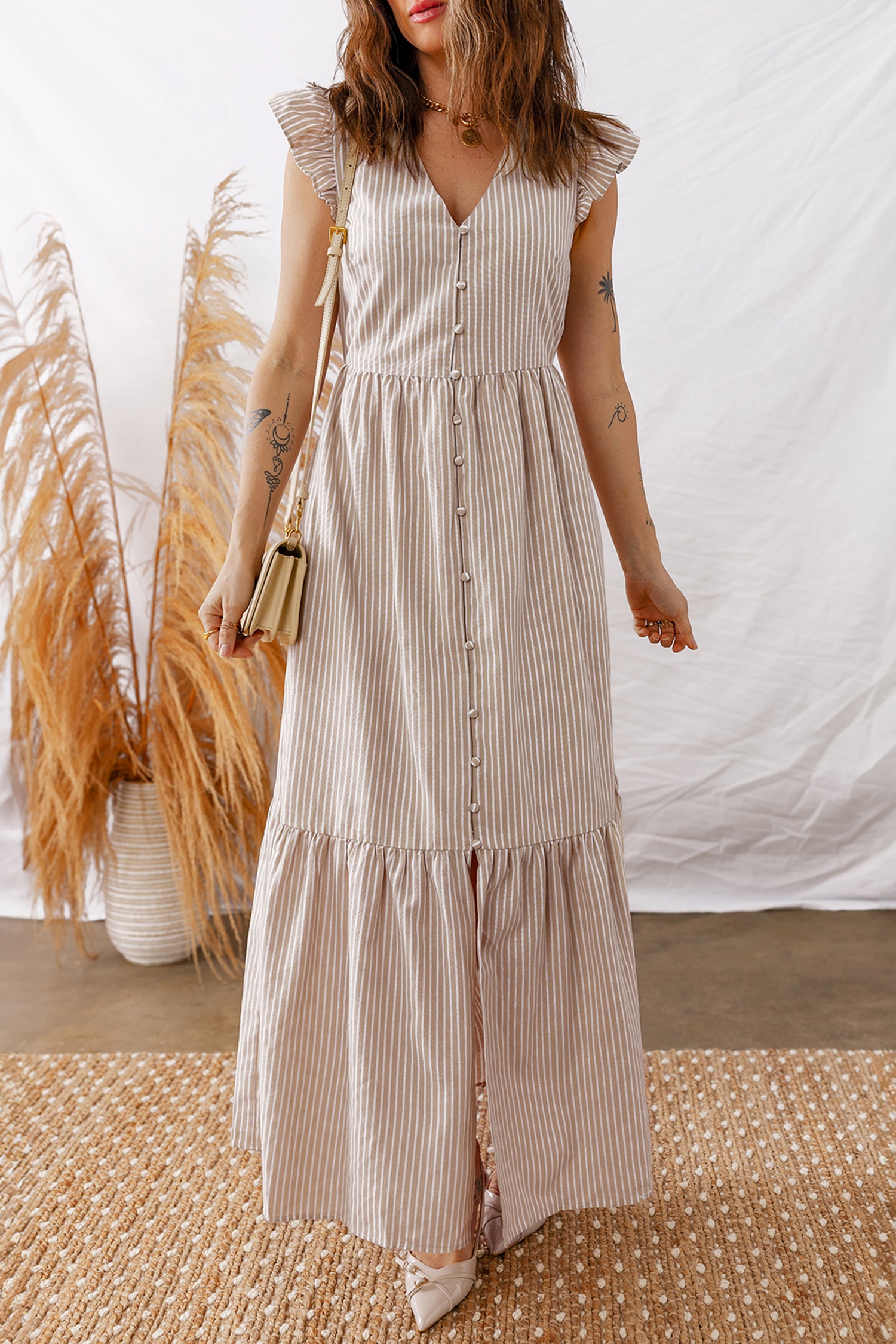 Shop Stripe Flutter Sleeve Button Front Slit Maxi Dress | S-XL at LivelyLooks