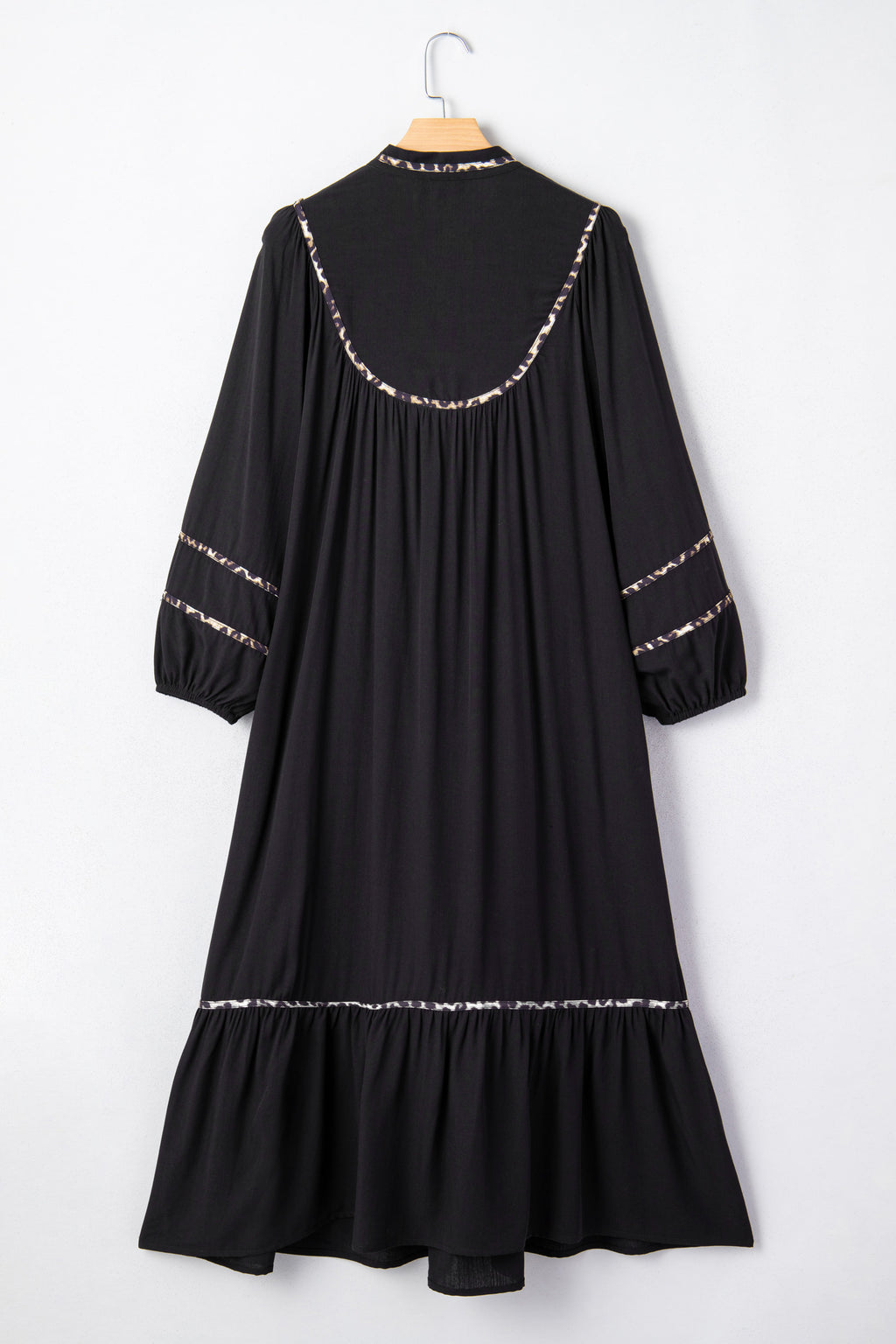 Women's Black Leopard Trim Split Neck Long Sleeve Midi Dress at LivelyLooks