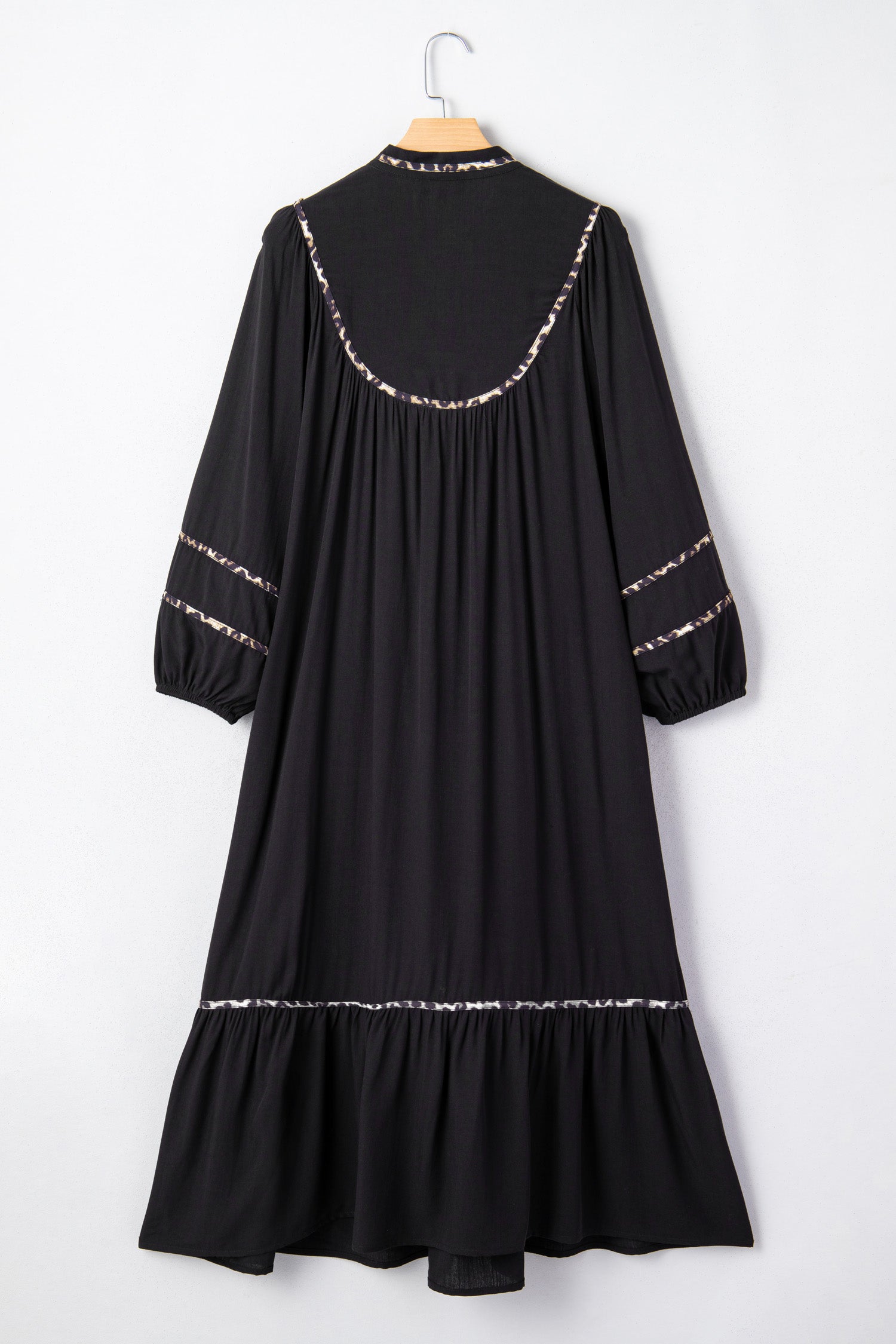 Women's Black Leopard Trim Split Neck Long Sleeve Midi Dress at LivelyLooks
