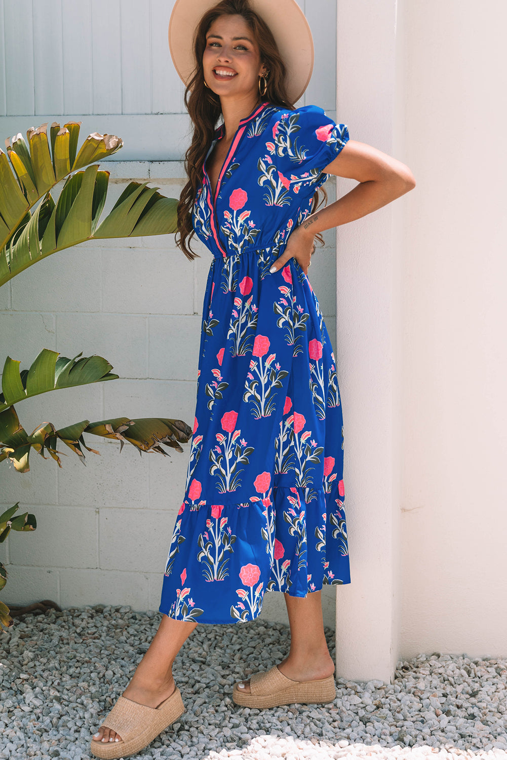 Women's Sky Blue Floral Puff Short Sleeve V Neck High Waist Maxi Dress at LivelyLooks