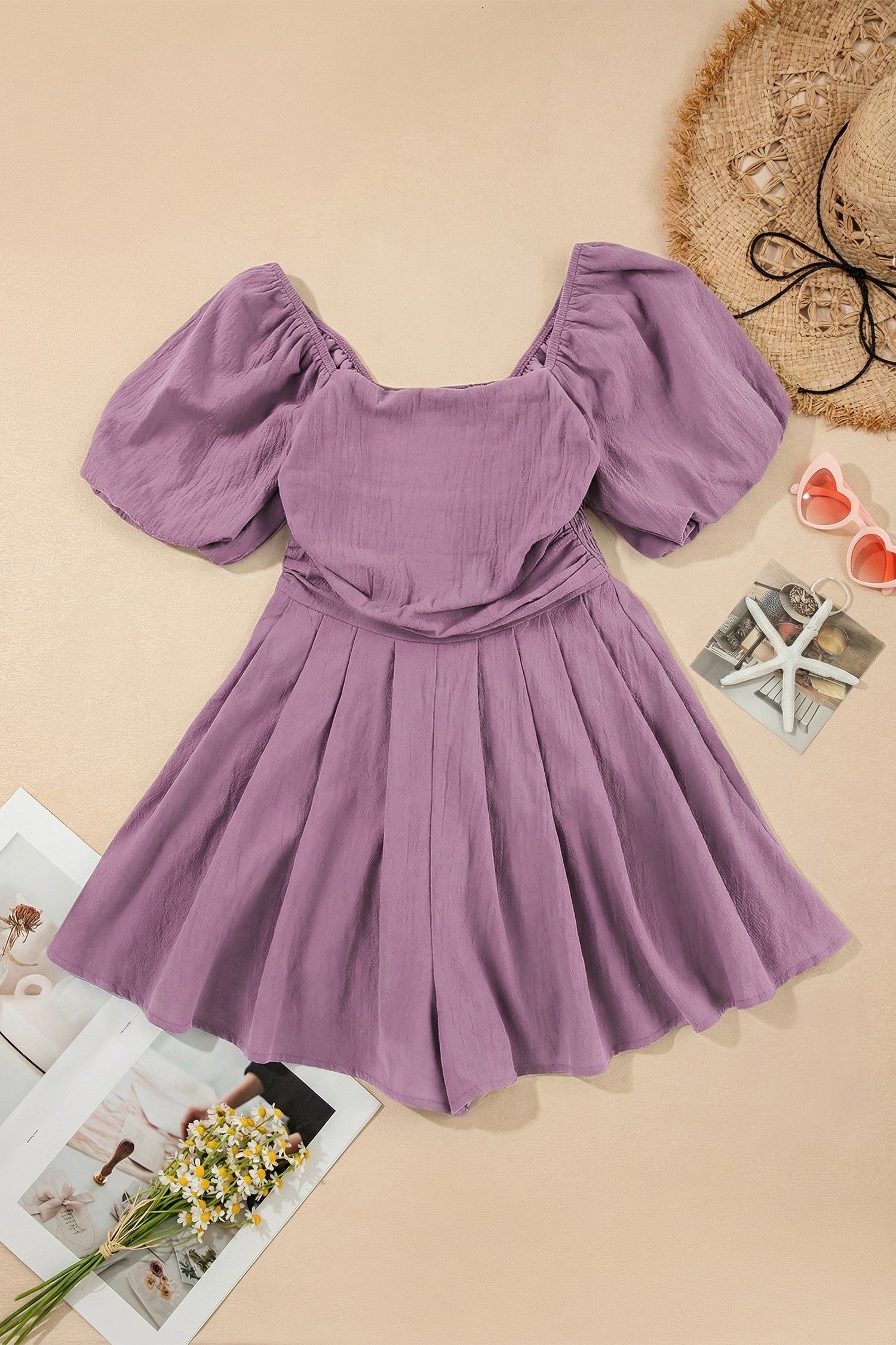 Sky Blue & Brown Square Neck Ruched Puff Sleeve Romper