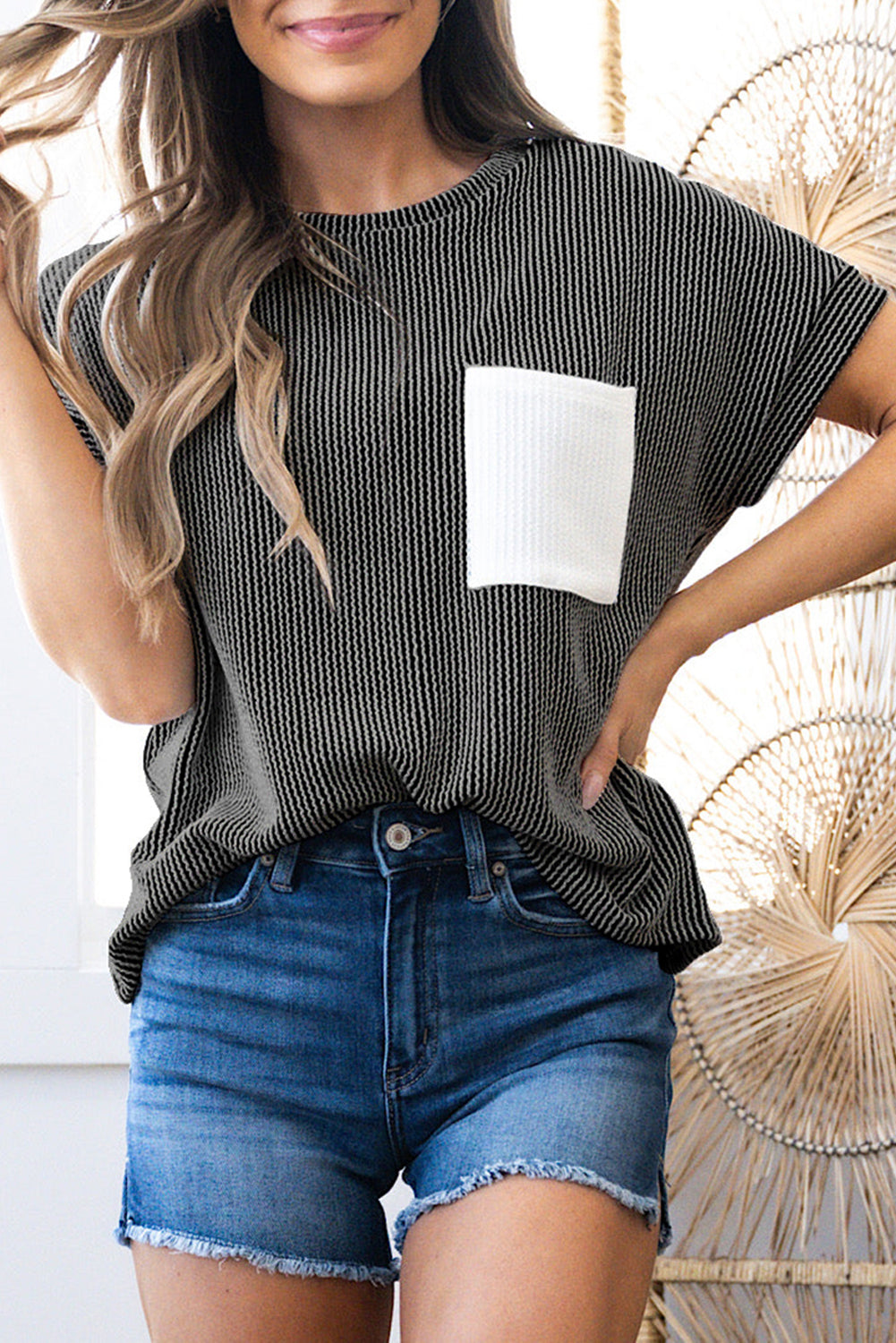 Corded Rib Knit Colour Block Patch Pocket Crew Neck Tee | Pink Blue Grey