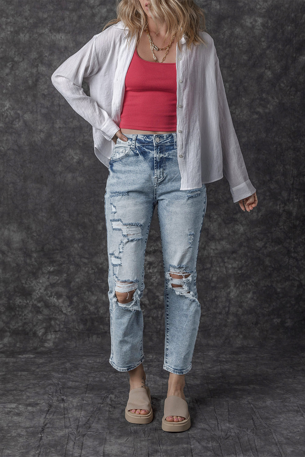 Women's Women's Light Wash Slim Fit Jeans Frayed Hem High Waist Sizes 6-16 at LivelyLooks