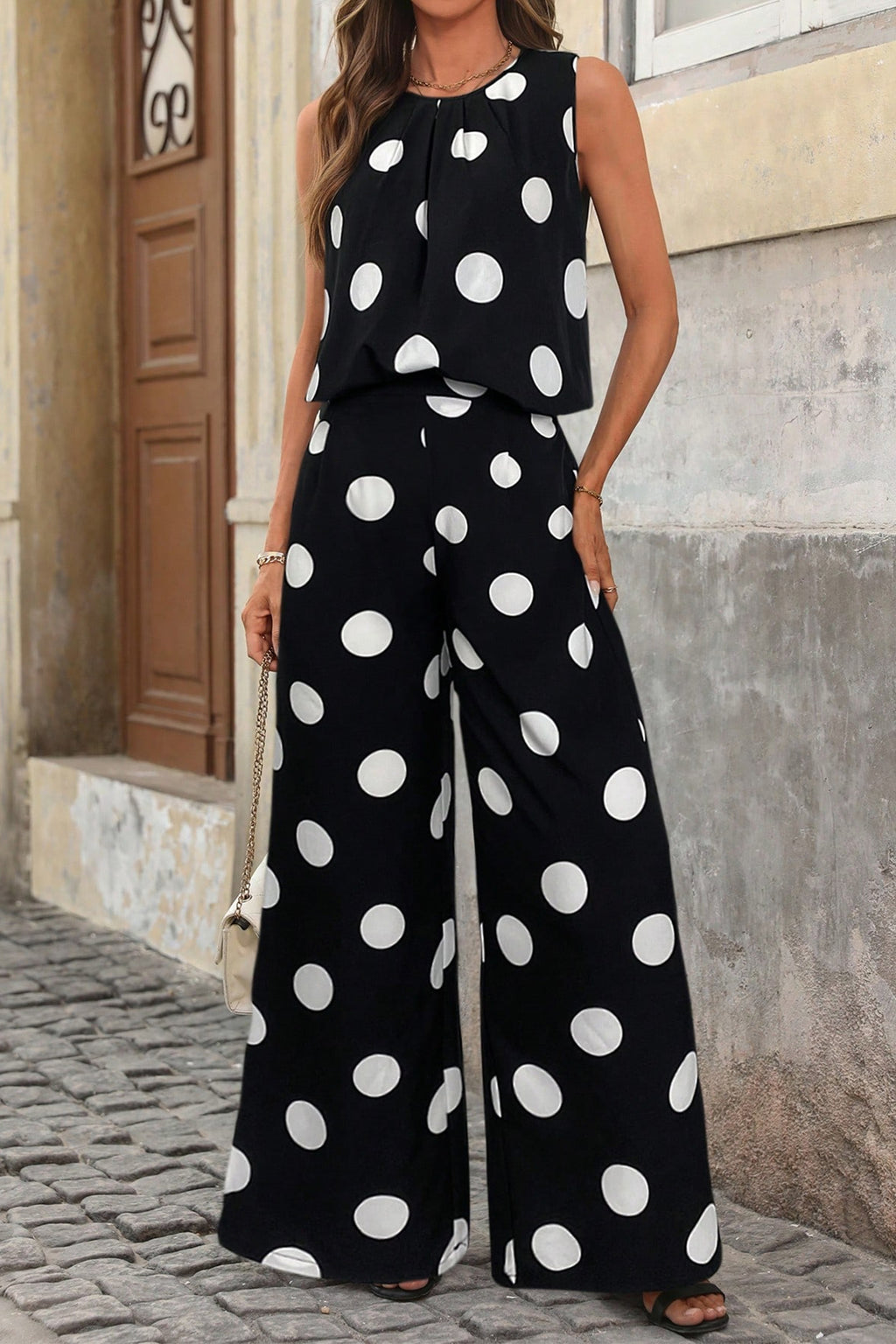 Black Polka Dot Pleated Tank & Wide Leg Trousers Two-Piece Outfit