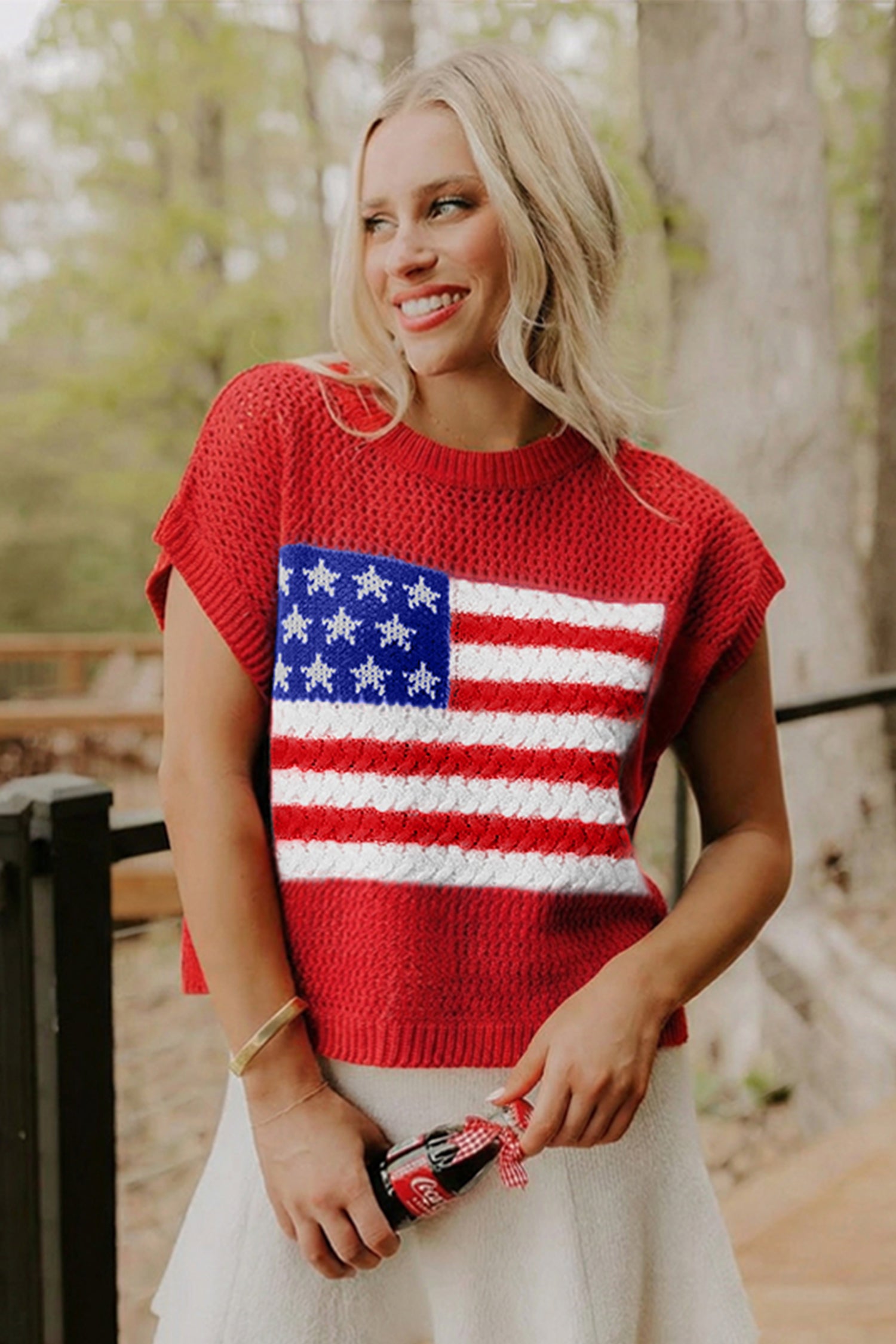 LivelyLooks Fiery Red Flag Graphic Short Sleeve Sweater Top women's fashion