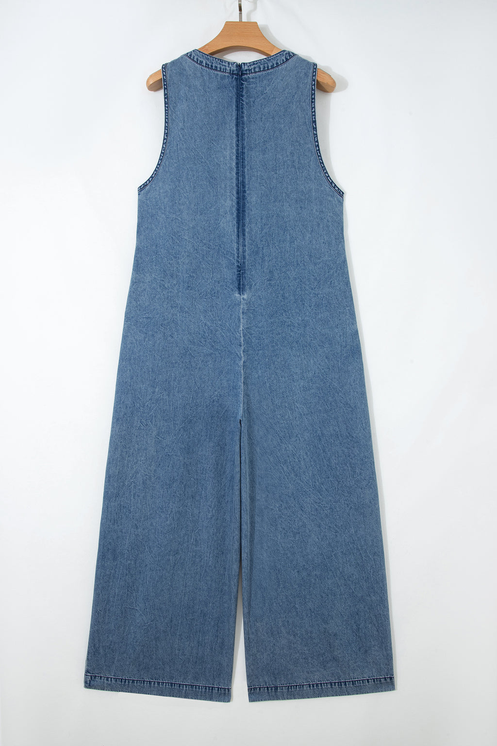 Women's Dusk Blue Acid Wash Pintuck Tie V-Neck Denim Wide-Leg Jumpsuit | S-XL at LivelyLooks