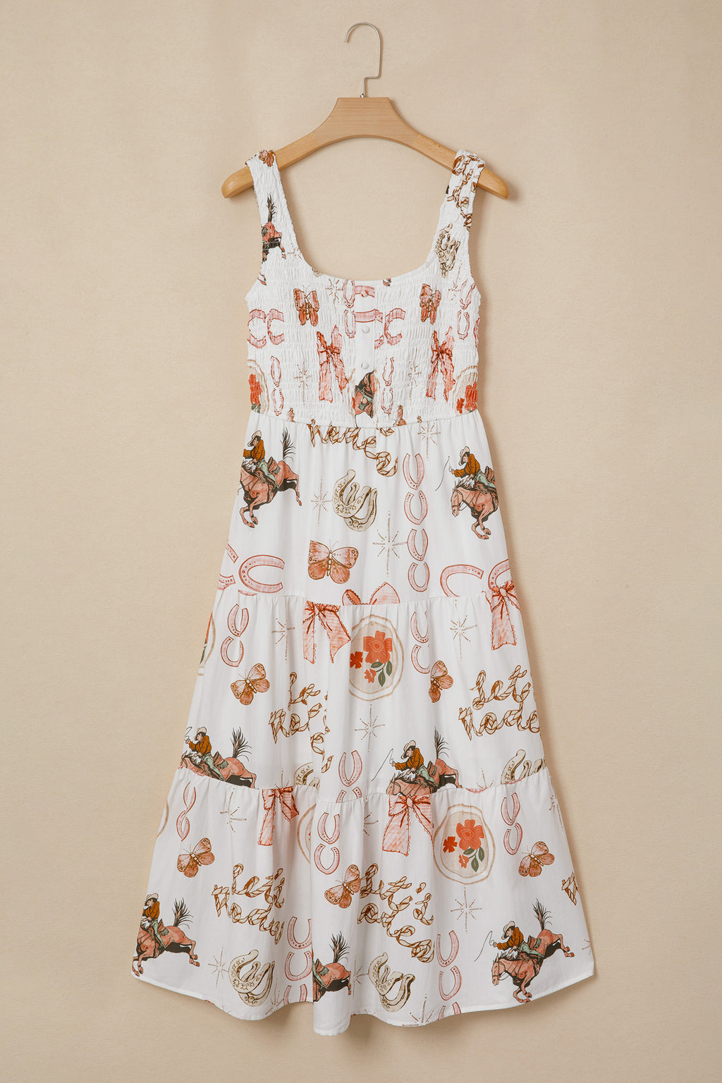 Women's White Western Horseshoe Print U-Neck Sleeveless Midi Dress at LivelyLooks
