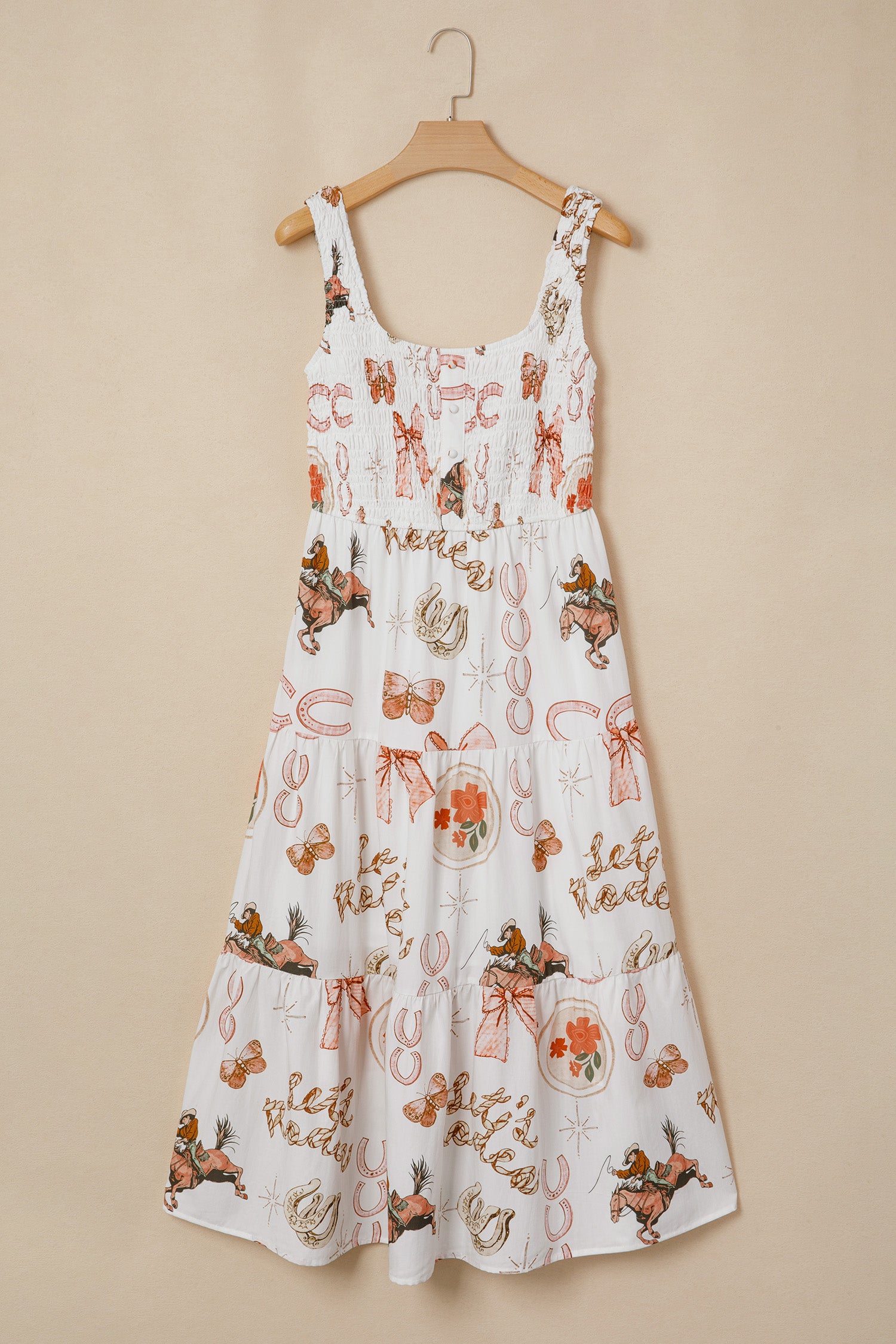 Women's White Western Horseshoe Print U-Neck Sleeveless Midi Dress at LivelyLooks