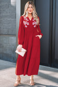 Racing Red Embroidered Cinched Waist Tiered Long Sleeve Maxi Dress S-XL