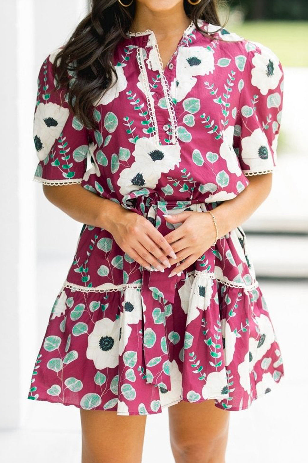 Red Floral Print Trimmed Short Puff Sleeve Belted Mini Dress | UK 8–22