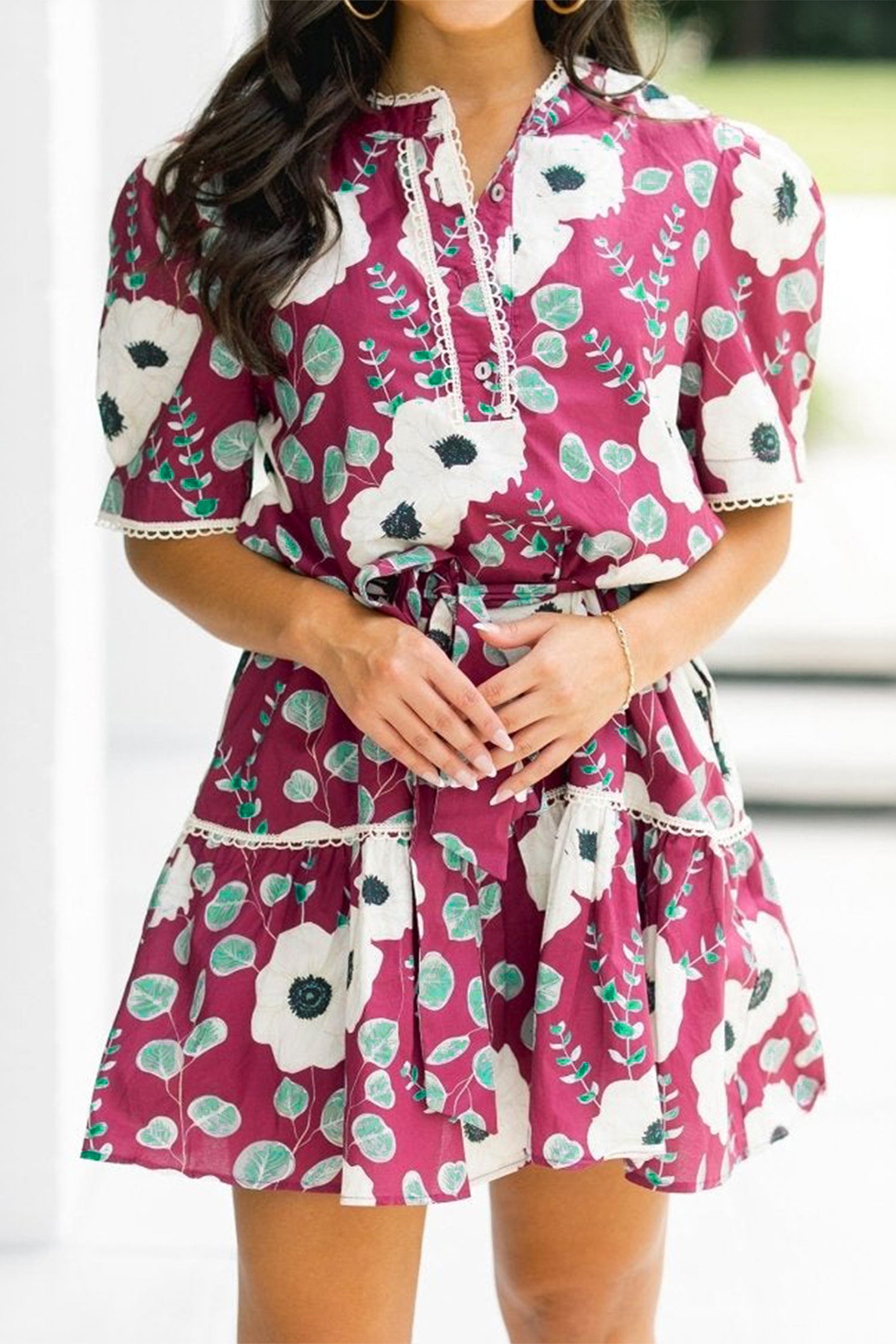 Red Floral Print Trimmed Short Puff Sleeve Belted Mini Dress | UK 8–22