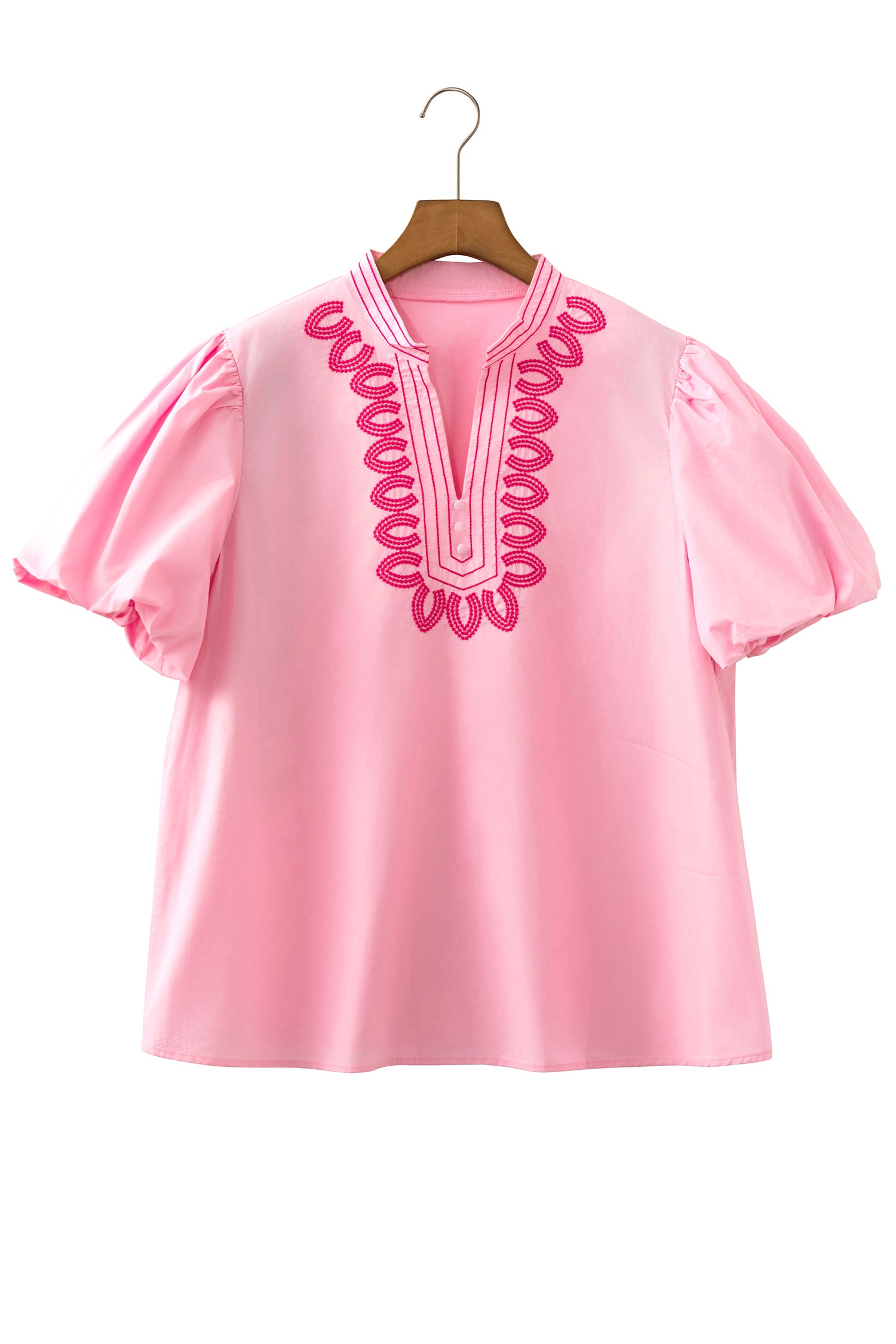 Pink Boho Embroidered Puff Sleeve Cotton Blouse | Sizes 8-22