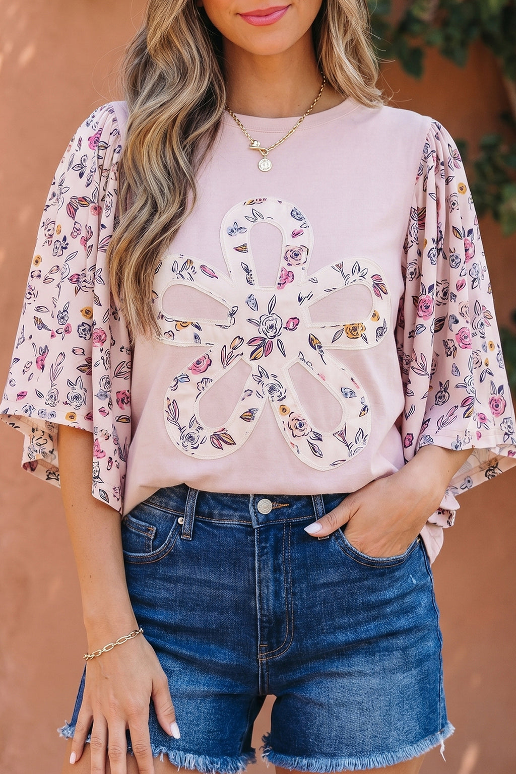 LivelyLooks Pink Contrast Floral Patched Flowy Half Sleeve Blouse women's fashion