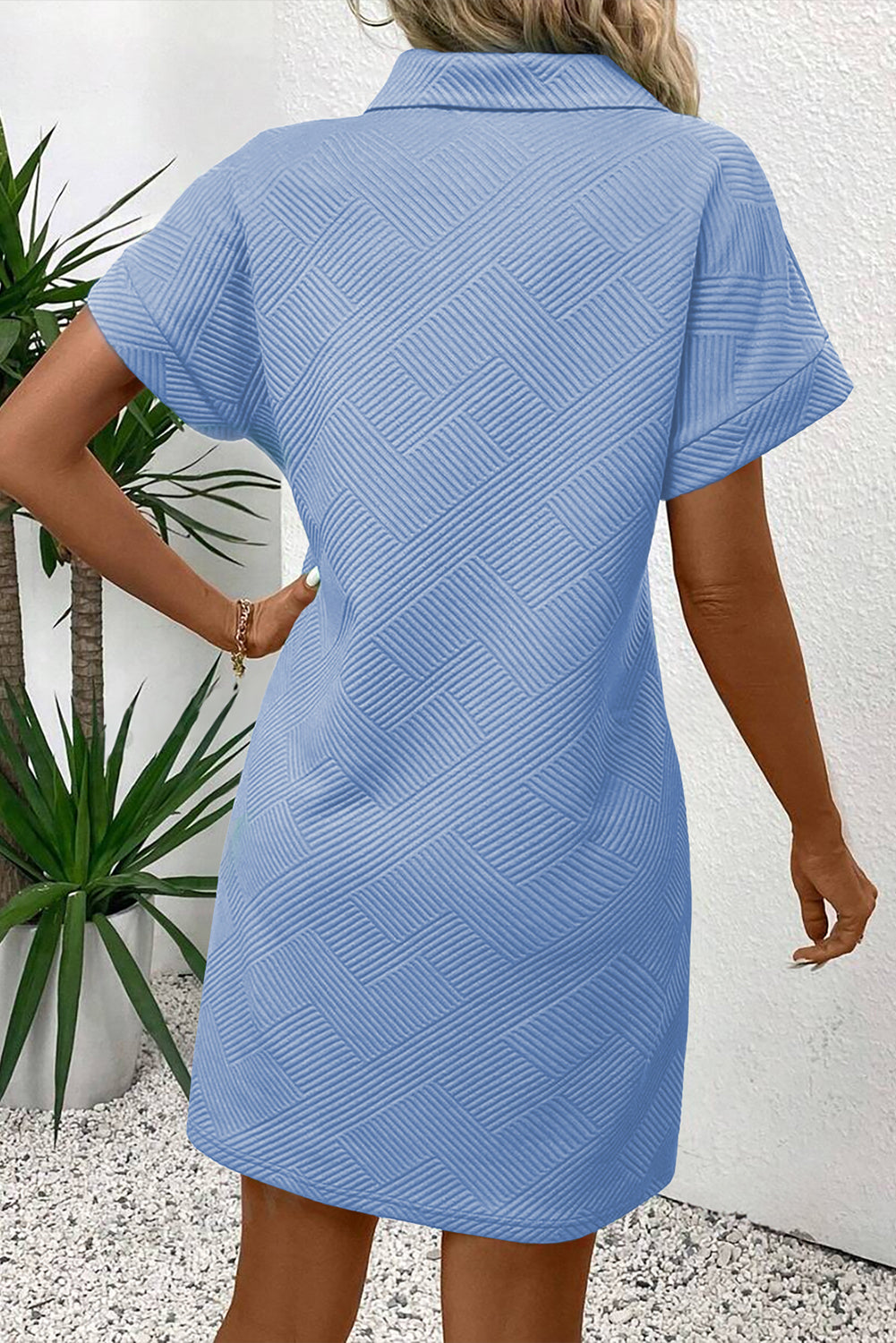 Textured Short Sleeve A Line Mini Dress | Light Blue, Blue & Peach | UK 8–22