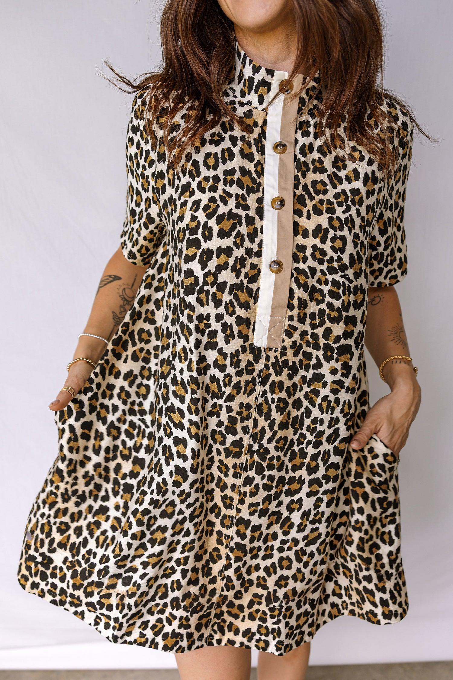 Women's Multicolour Half Buttons Short Sleeve Loose Leopard Mini Dress with Pockets at LivelyLooks