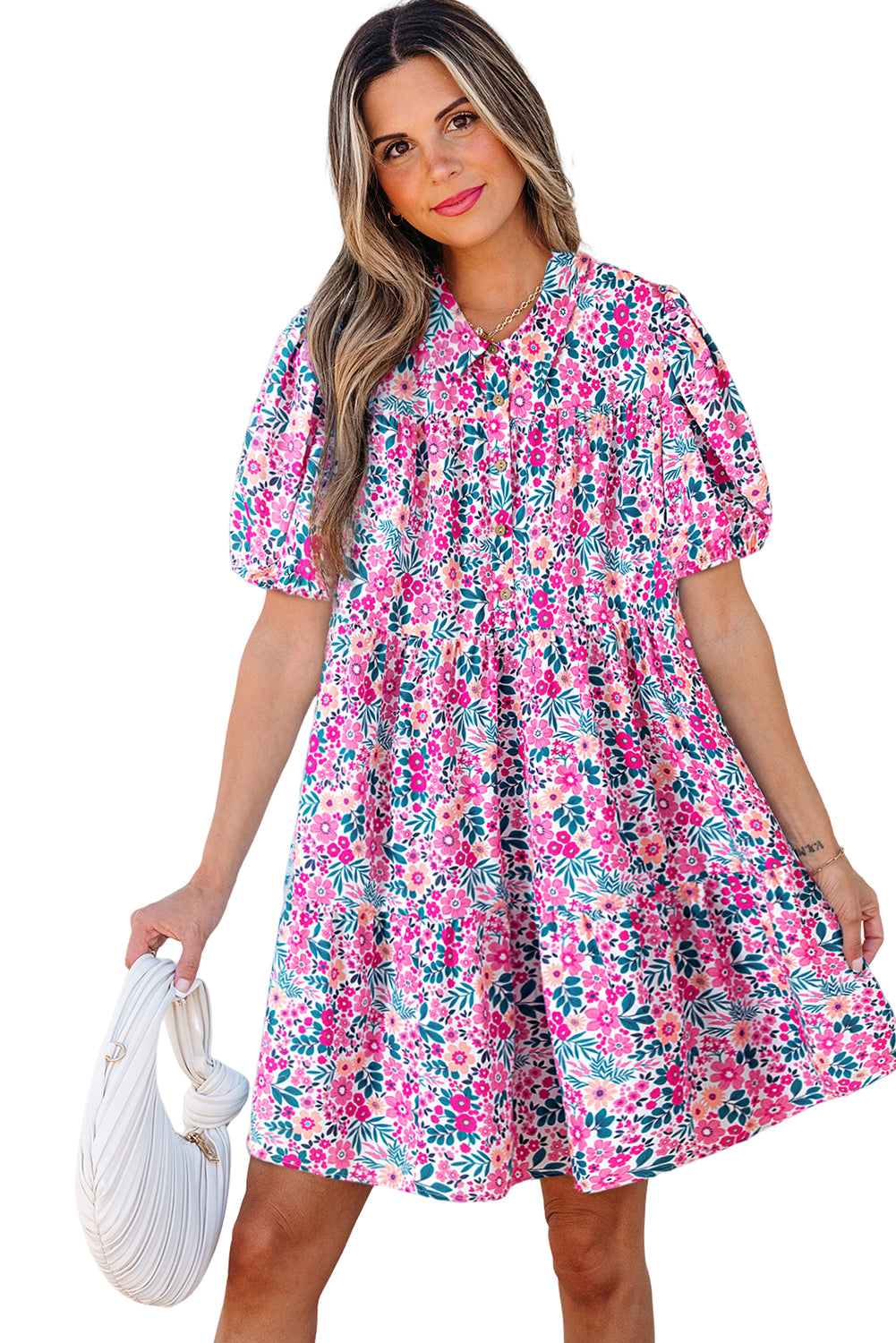 Women's Floral Collared Half Placket Puff Sleeve Loose Mini Dress | S-XL at LivelyLooks