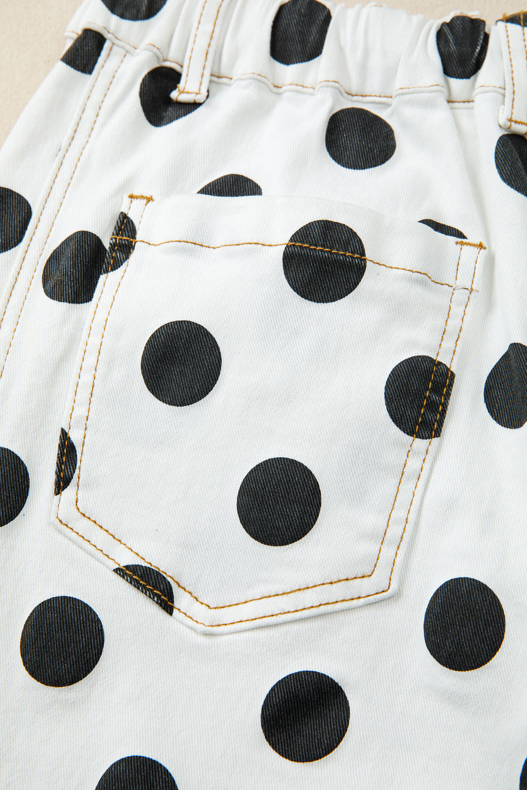Polka Dot Print Bow Detail Pocketed Loose Jeans | White & Sky Blue