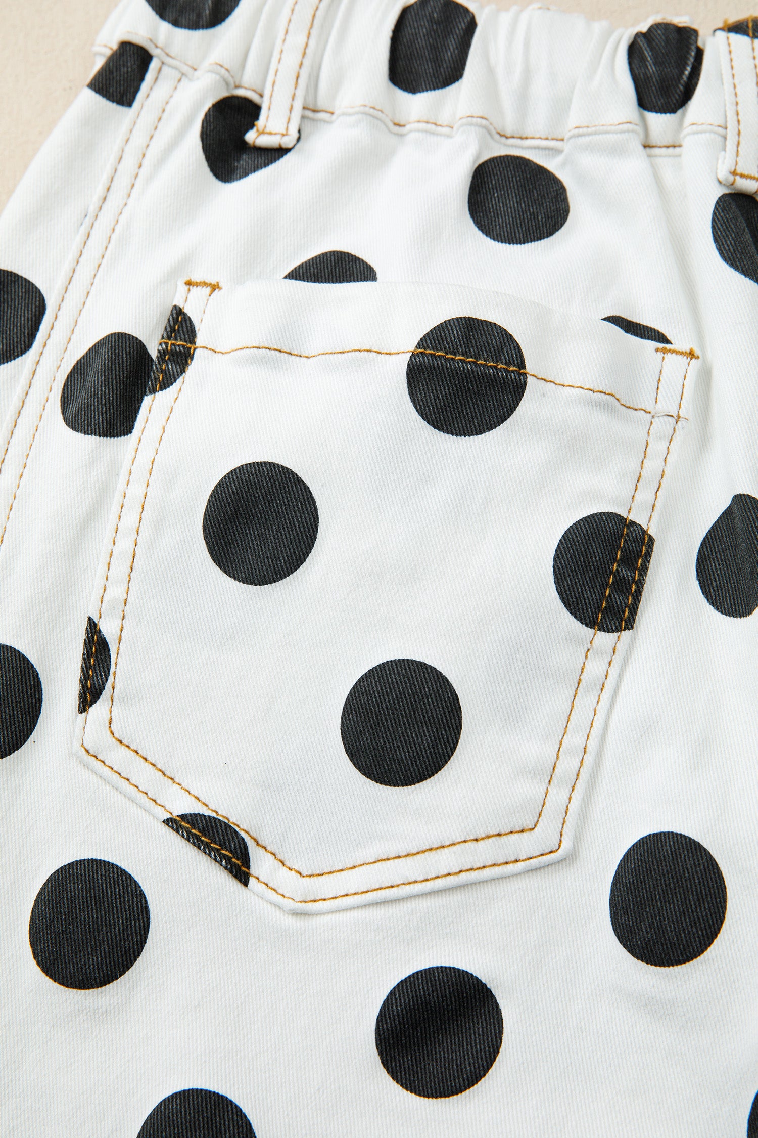 Polka Dot Print Bow Detail Pocketed Loose Jeans | White & Sky Blue