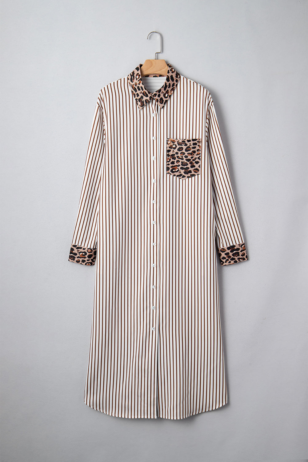 Women's Brown Stripe Contrast Leopard Patchwork Long Shirt Dress with Slits at LivelyLooks