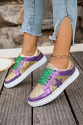 Women's Glitter Star Patchwork PU Leather Lace-Up Sneakers | Purple & Gold at LivelyLooks