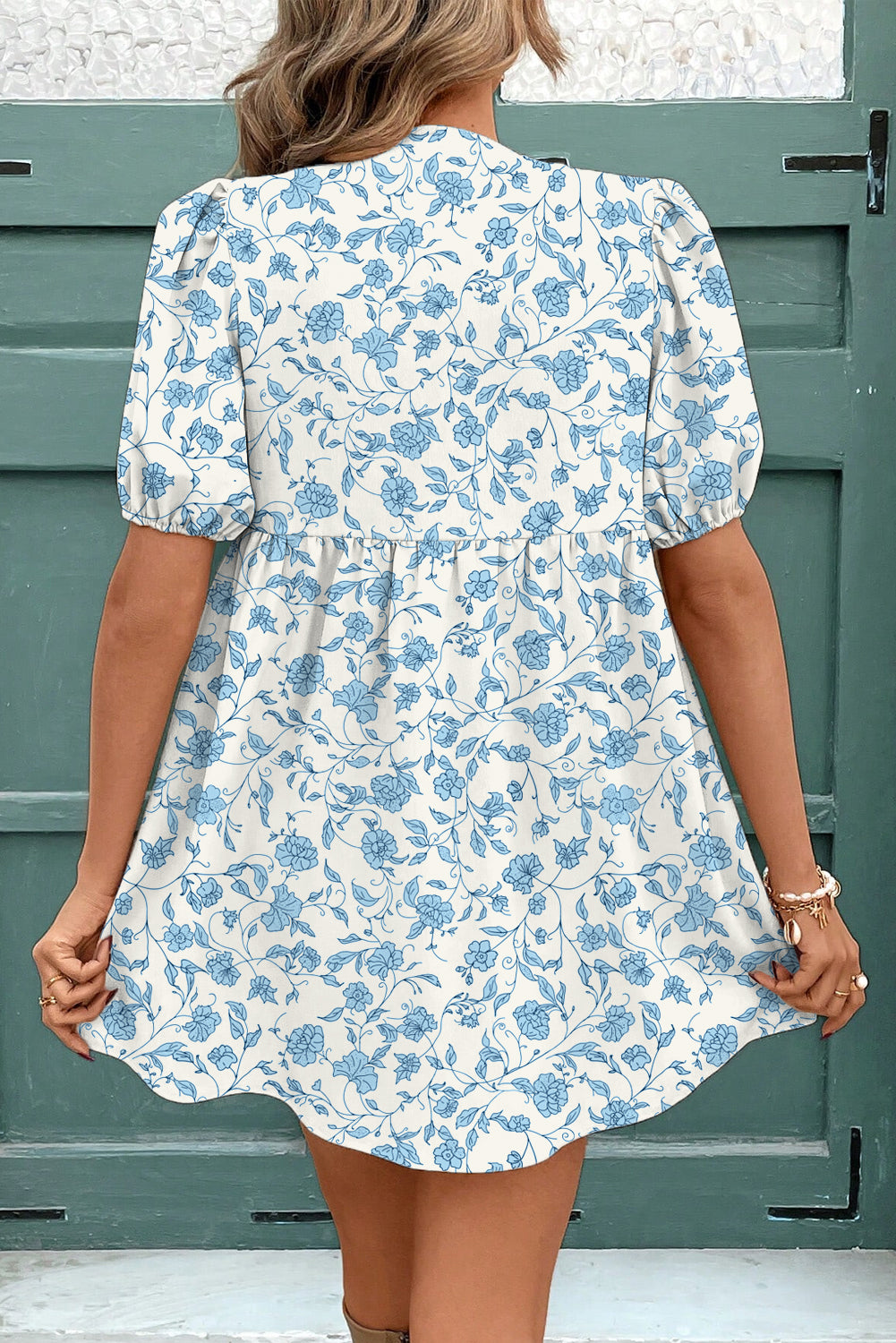 Women's Sky Blue Leopard Contrast Bow Puff Sleeve Mini Dress at LivelyLooks