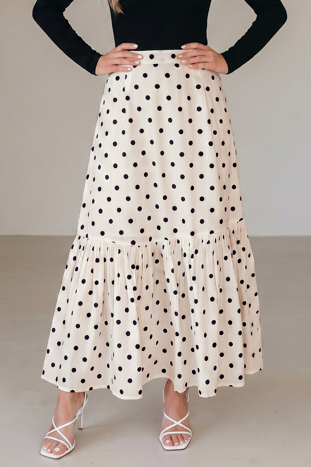 White Polka Dot Ruffle Split Hem Maxi Skirt with Pockets