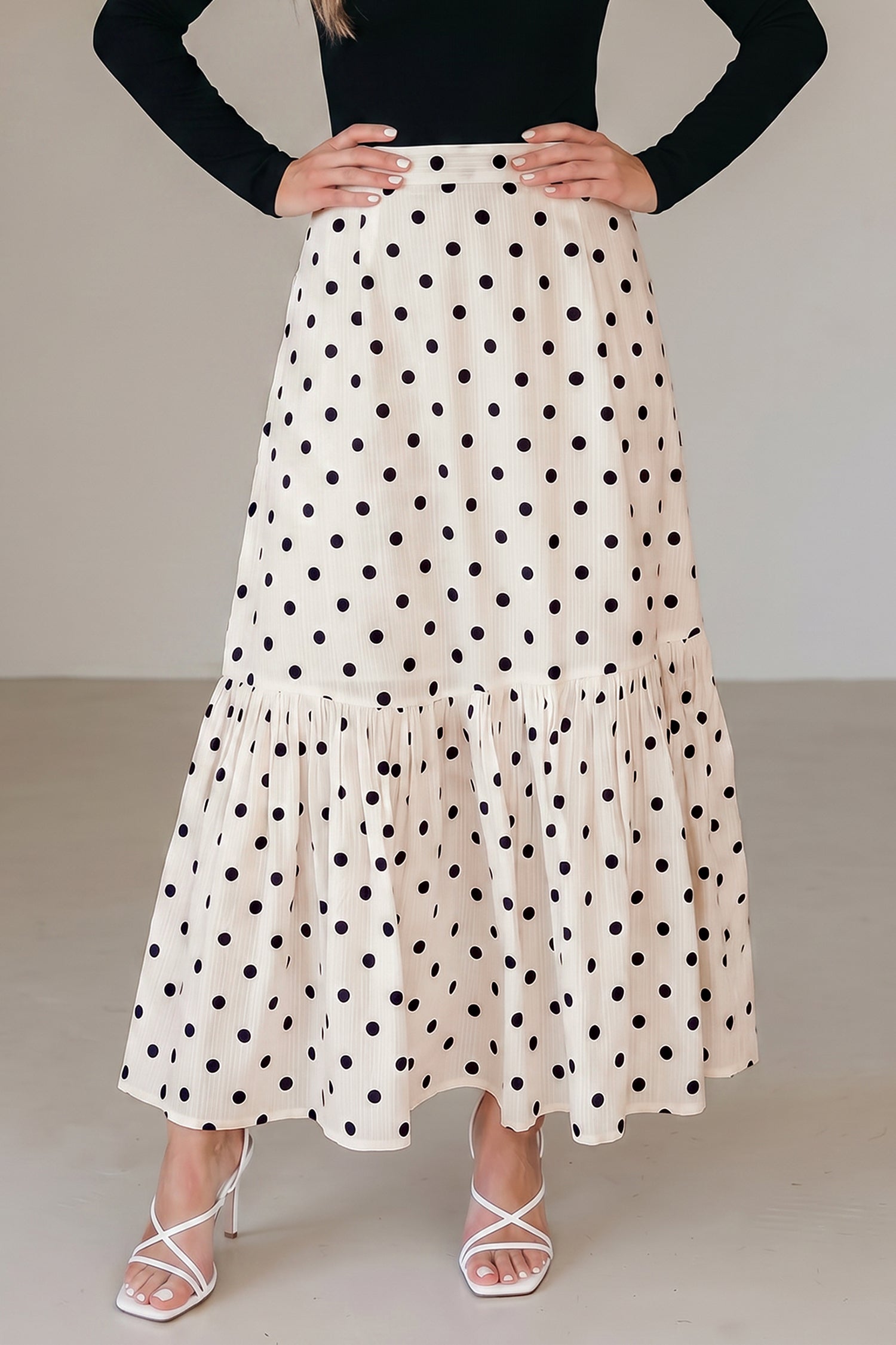 White Polka Dot Ruffle Split Hem Maxi Skirt with Pockets