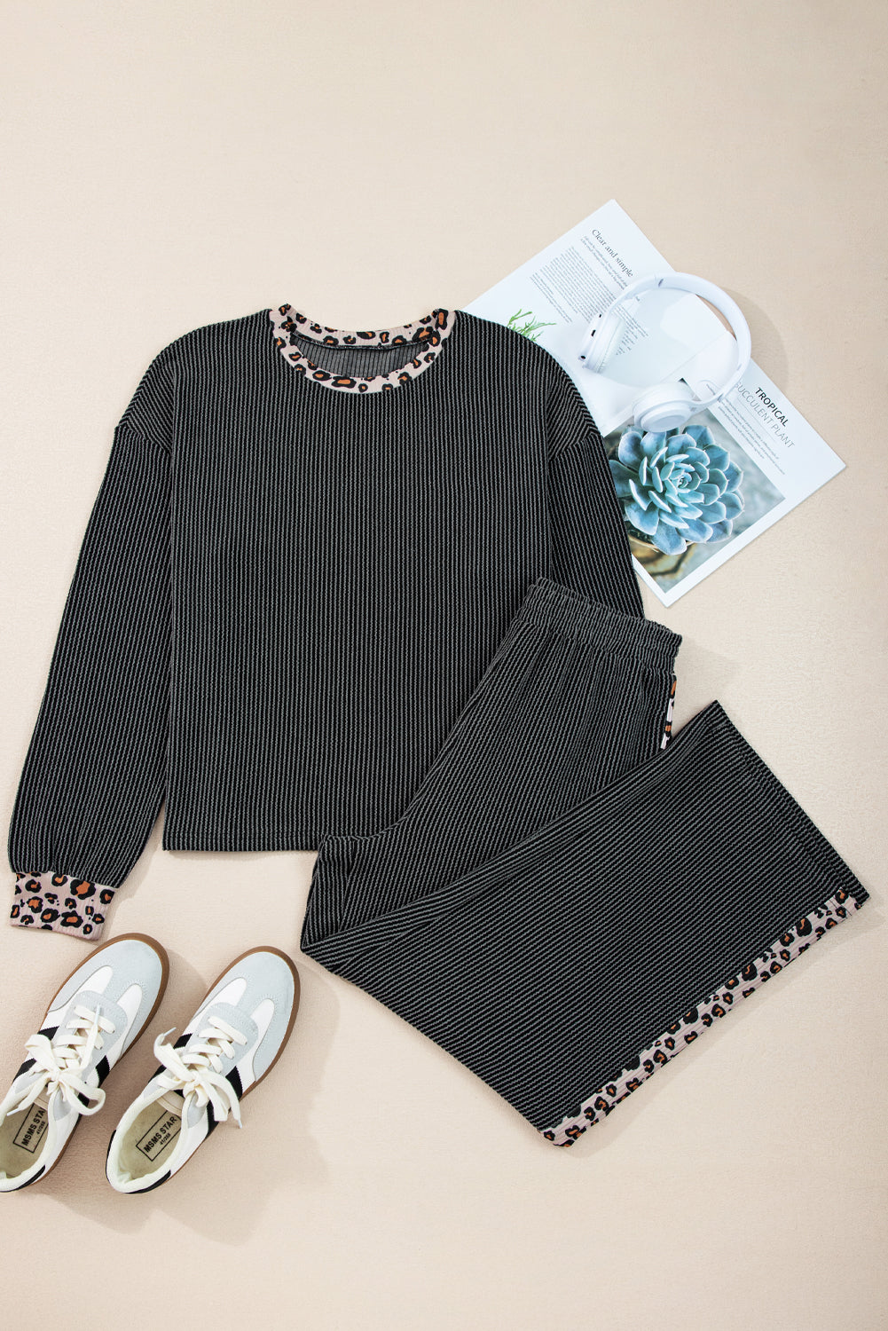 Carbon Grey Twisted Rib Leopard Patchwork Top & Pant Set | UK 8–22