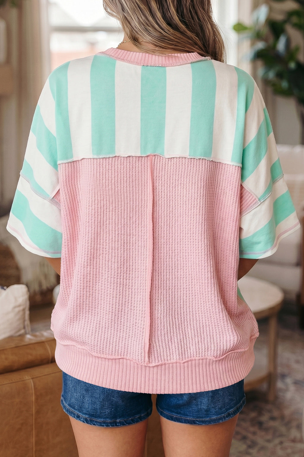 Stripe Colourblock Ribbed Patchwork Exposed Seam Oversized Tee | Pink & Green