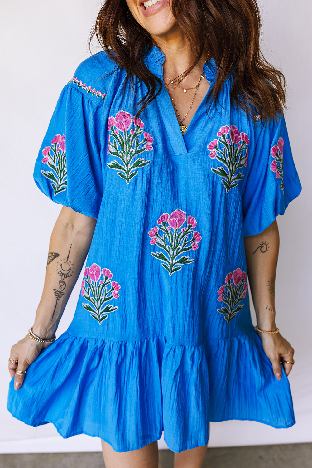 Blue Flower Embroidered Split Neck Puff Sleeve Ruffle Hem Mini Dress S-XL