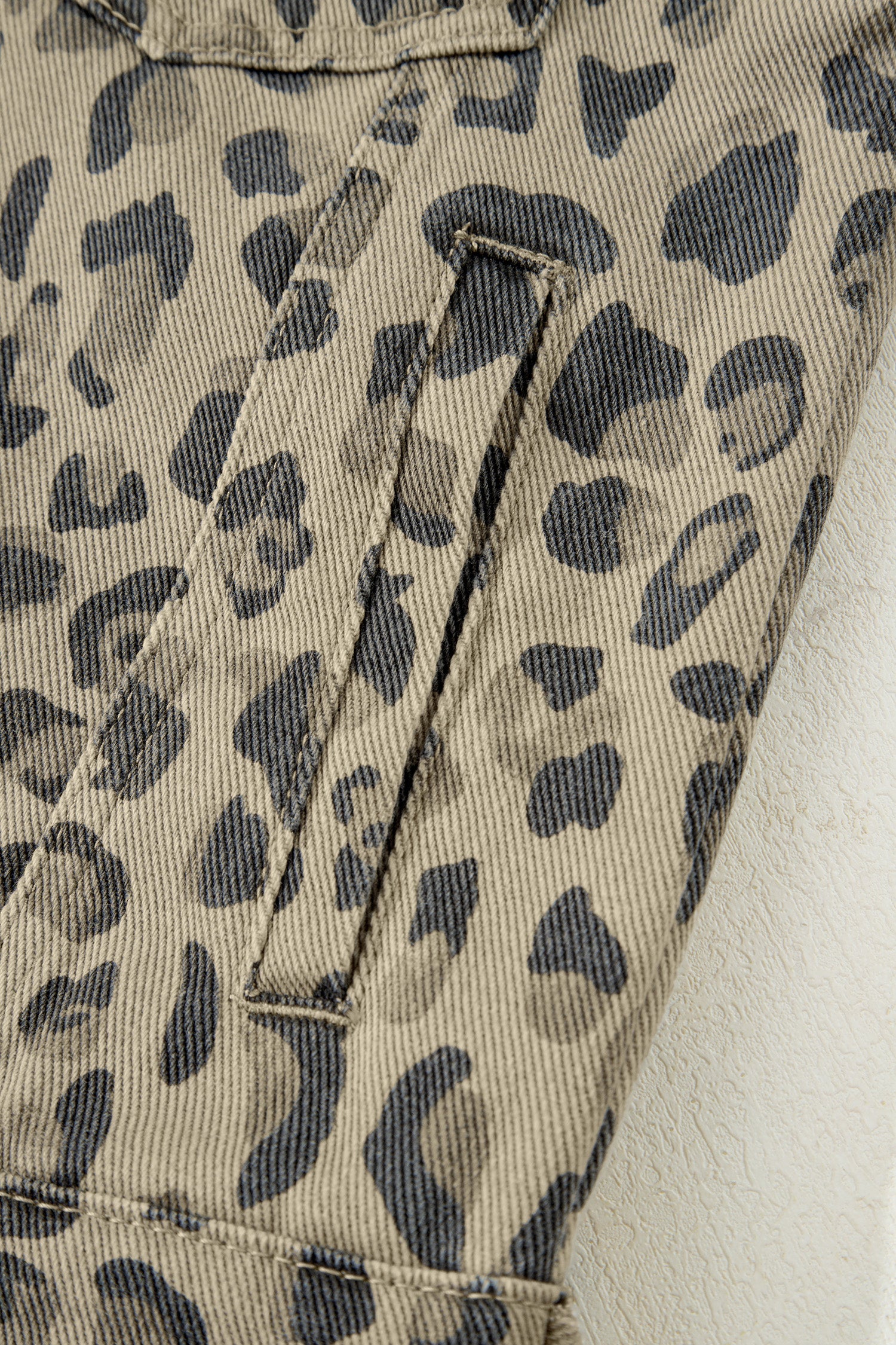 Khaki Retro Leopard Print Seam Detail Button Down Denim Jacket | UK 8–22