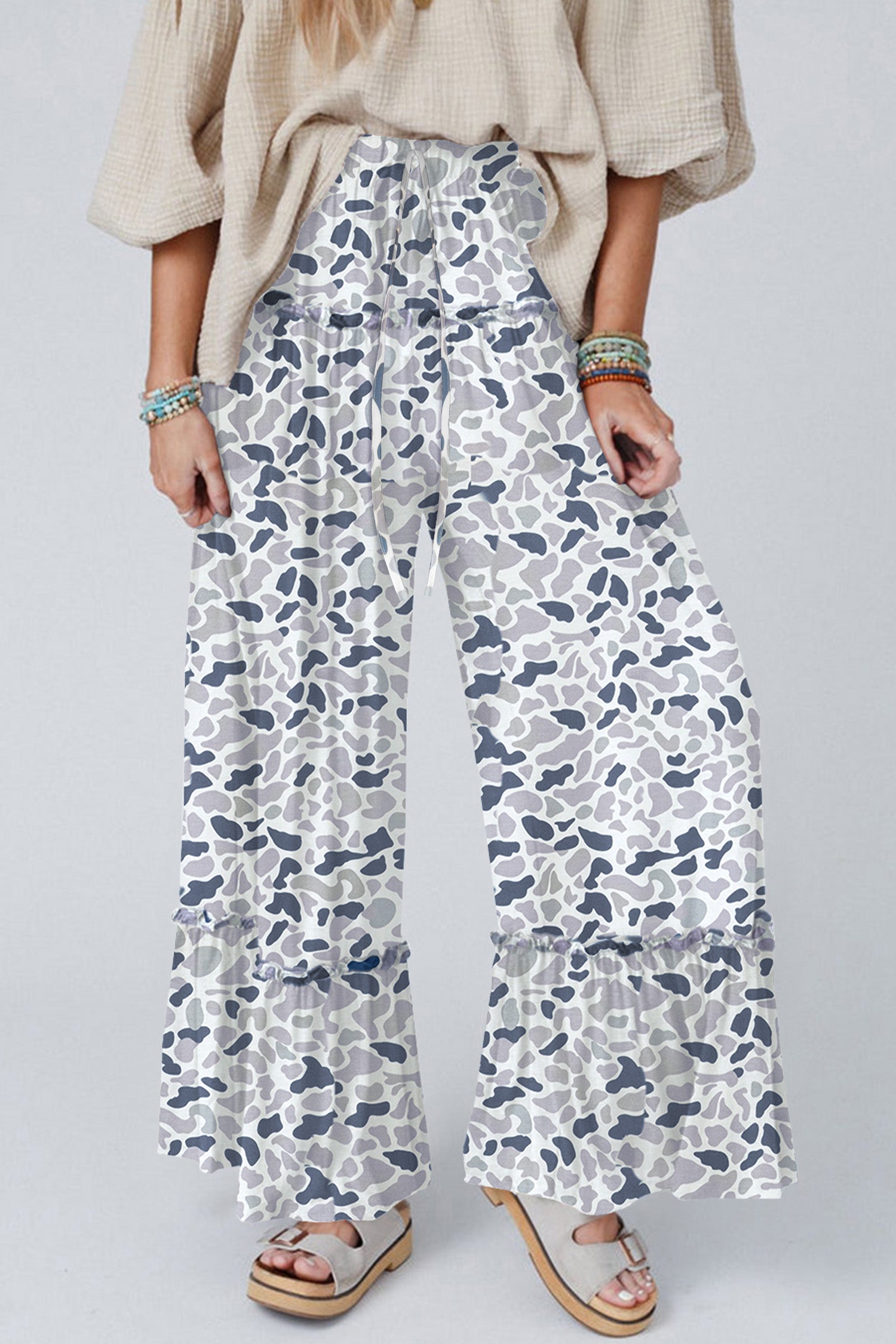 Camo Print Wide Leg Casual Trousers | Beige, Brown & Multicolour