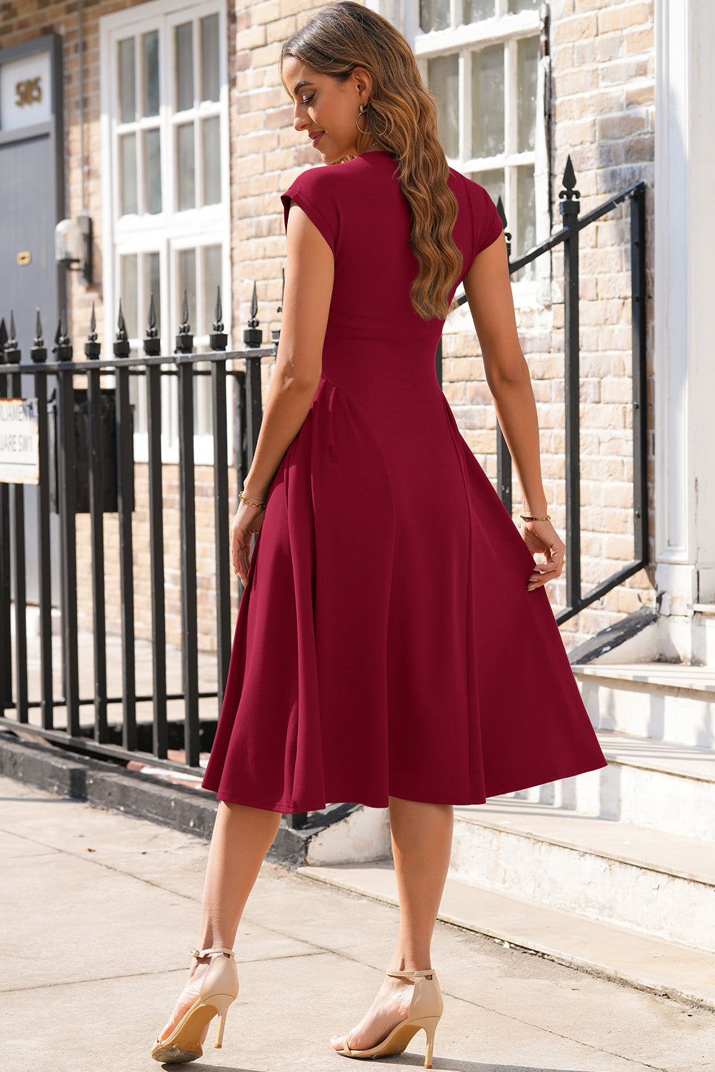 Burgundy V Neck Pleated Flared Midi Dress S-2XL